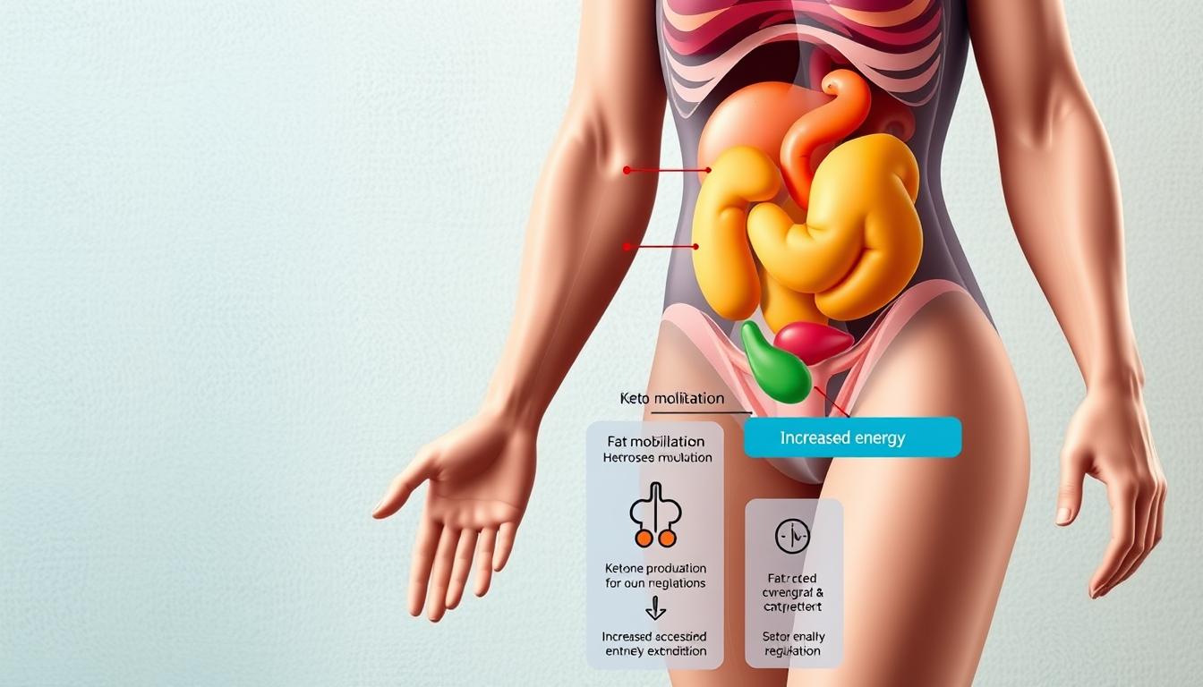 a detailed, scientifically accurate illustration of the key mechanisms behind weight loss on a ketogenic diet, presented in a clean, vibrant style. The foreground depicts a cross-section of the human body, showcasing the metabolic processes at play - fat mobilization, ketone production, and increased energy expenditure. The middle ground features simplified diagrams and infographics explaining these mechanisms, using a color palette of blues, greens, and oranges. The background provides a subtle, textured context, hinting at the complex interplay of hormones, gut health, and metabolic regulation. The overall mood is informative, visually striking, and designed to enhance the reader's understanding of the keto diet's impact on weight loss and metabolic balance.