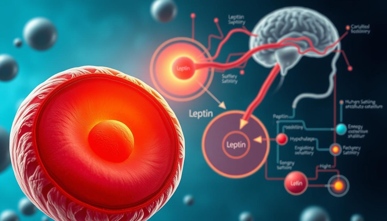 a detailed, scientifically accurate illustration of the mechanisms of leptin, the key hormone regulating long-term energy balance and weight management in the human body. In the foreground, a cross-section of an adipocyte (fat cell) showcasing the production and release of leptin. In the middle ground, the circulatory system distributing leptin to key signaling sites in the brain, particularly the hypothalamus. In the background, a vibrant, stylized depiction of the complex biochemical pathways and feedback loops by which leptin modulates hunger, satiety, energy expenditure, and body weight over the long term.