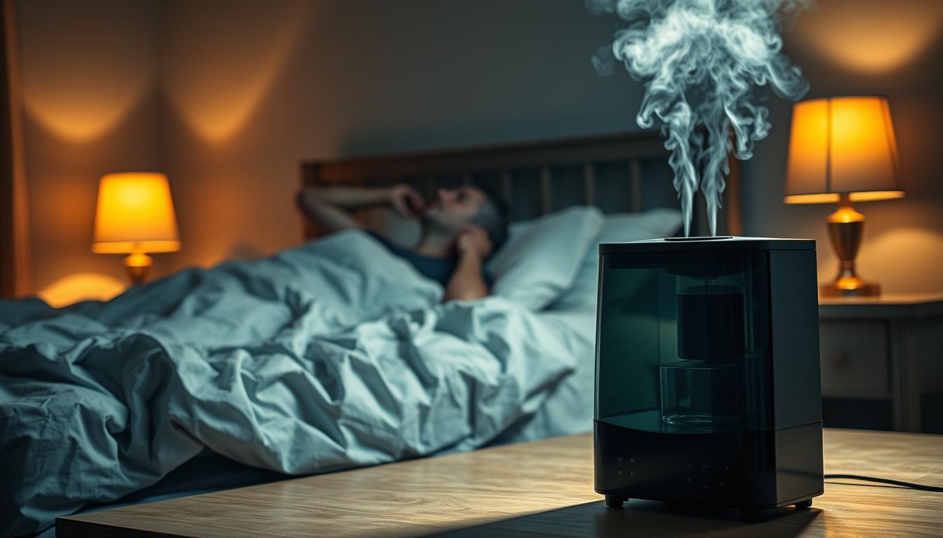 a dry, arid bedroom at night, with a person sleeping and snoring loudly, their breathing causing the air to shimmer and distort. The room is dimly lit, with a warm, hazy glow from a bedside lamp, casting long shadows across the rumpled bedsheets. The air feels stagnant and heavy, with a sense of discomfort and restlessness. In the foreground, a desktop humidifier stands silent, its water reservoir empty, a stark contrast to the vibrant, humid environment it was designed to create. The scene conveys the connection between dry air quality and the triggering of snoring, highlighting the importance of maintaining proper air moisture levels for a restful, silent night's sleep.