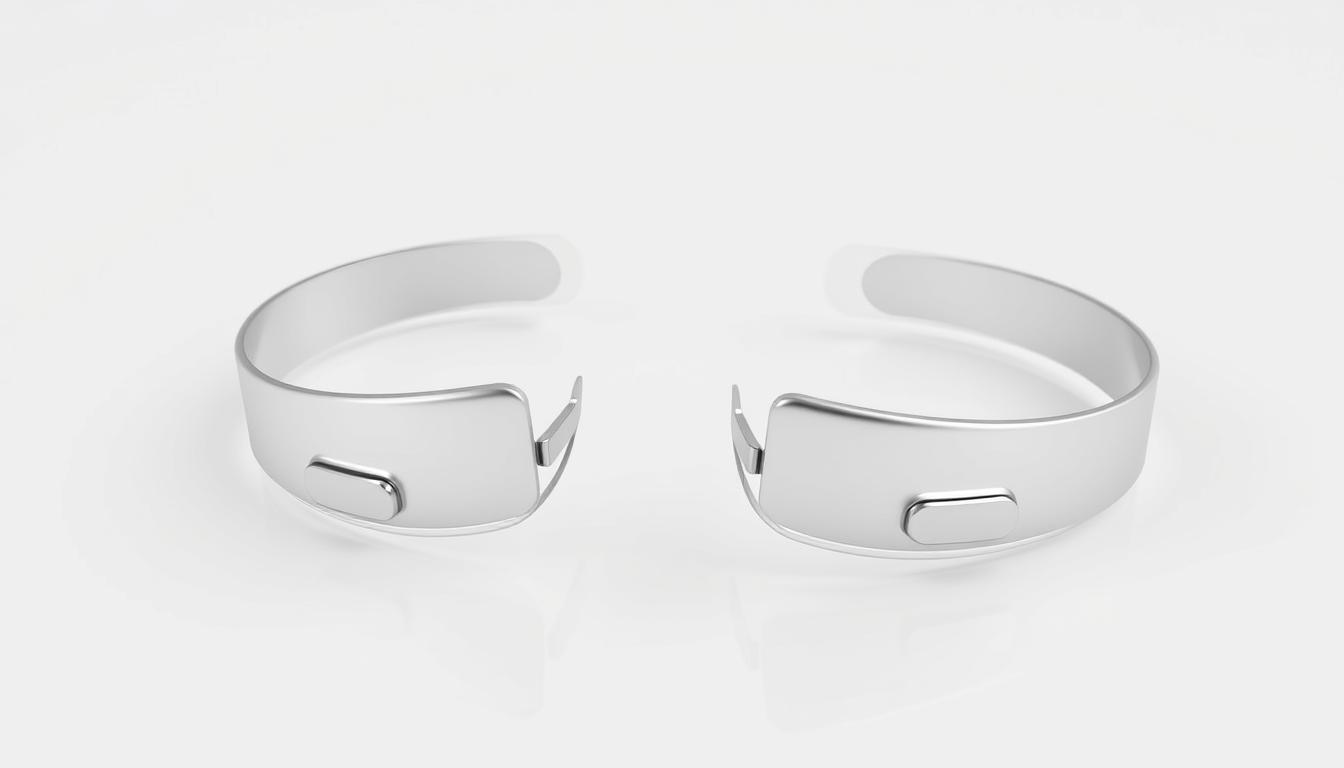 a high-quality 3D render of a pair of magnetized nasal strips, designed to gently open and support the nasal passages for improved airflow and reduced snoring. The strips are made of a soft, flexible material with a metallic clasp that magnetically attaches to the nostrils. The strips are depicted in a vibrant, polished silver color, resting on a clean, minimalist white background that showcases their sleek, modern design. The lighting is soft and diffused, highlighting the subtle contours and textures of the strips. The camera angle is slightly elevated, providing a clear and detailed view of the product's key features and functionality.