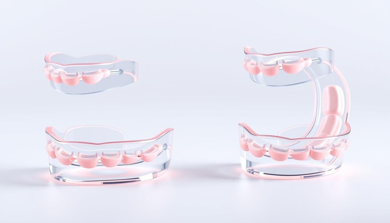 a high-quality 3D rendering of a jaw positioning mouthguard for snoring, shown from multiple angles on a clean white background. The mouthguard is made of clear, durable plastic with sleek, minimalist design. It has adjustable features to comfortably fit the user's mouth and gently hold the jaw in a forward position, promoting unrestricted airflow and preventing snoring. The mouthguard is illuminated by soft, vibrant lighting, highlighting its sophisticated, modern aesthetic. The image conveys a sense of medical precision and advanced sleep technology.