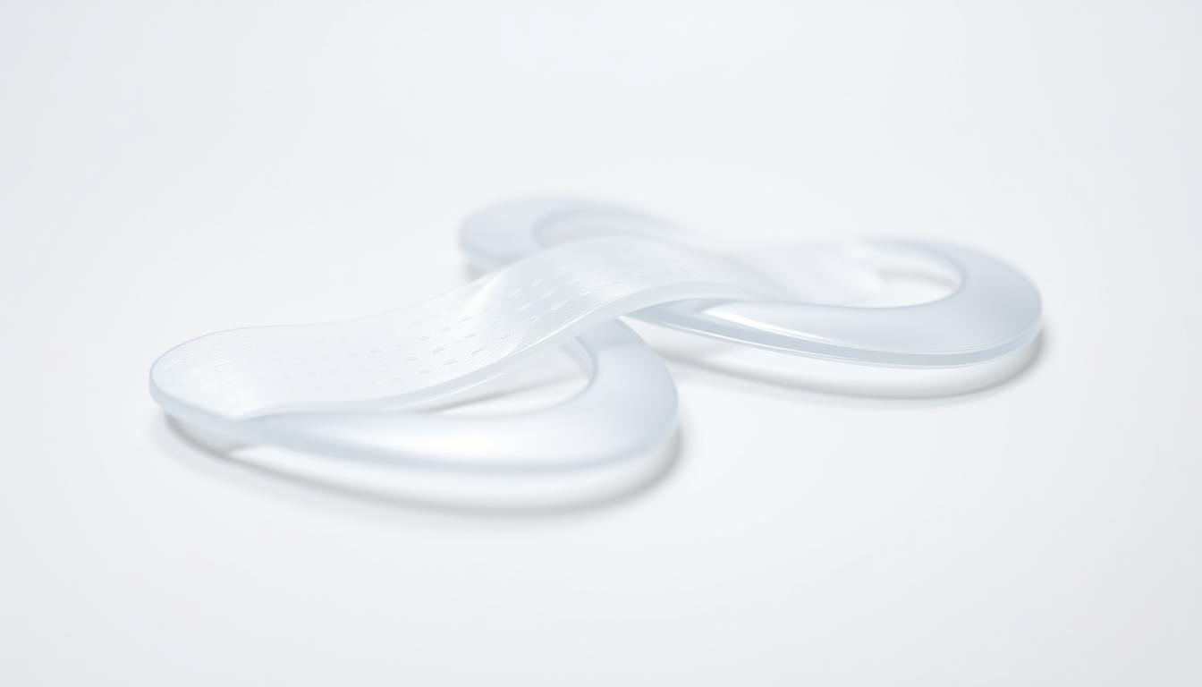 a high-quality close-up photograph of a pair of nasal strips for snoring relief, resting on a clean, white surface. The strips are made of flexible, translucent material and have a subtle sheen. The lighting is soft and diffused, creating a gentle, calming atmosphere. The focus is sharp, allowing the intricate details of the nasal strips, such as their perforated design and subtle ridges, to be clearly visible. The background is clean and uncluttered, placing the nasal strips as the central focus of the image. The overall mood is vibrant, highlighting the effectiveness and practicality of these snoring relief aids.