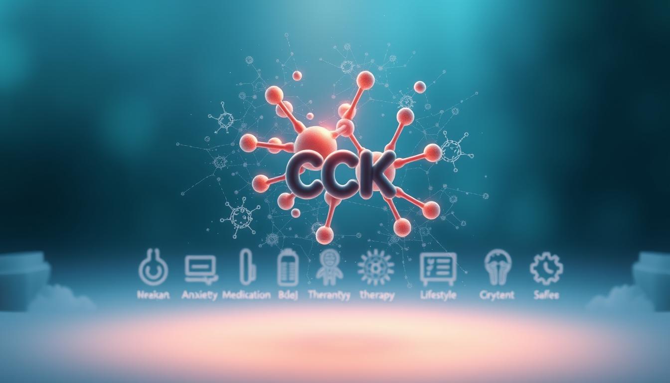 a highly detailed digital illustration of various effective strategies for treating anxiety and stress through the regulation of the CCK (cholecystokinin) hormone. In the foreground, a molecular model of the CCK hormone floats ethereally, surrounded by glowing energy fields. In the middle ground, a series of medical icons and symbols representing different treatment methods like medication, therapy, and lifestyle interventions. In the background, a soothing, vibrant gradient of calming blues and greens, evoking a sense of tranquility and mental clarity. The lighting is soft and diffused, creating a contemplative, scientific atmosphere. The overall composition conveys the complexities of addressing anxiety through CCK-targeted approaches.