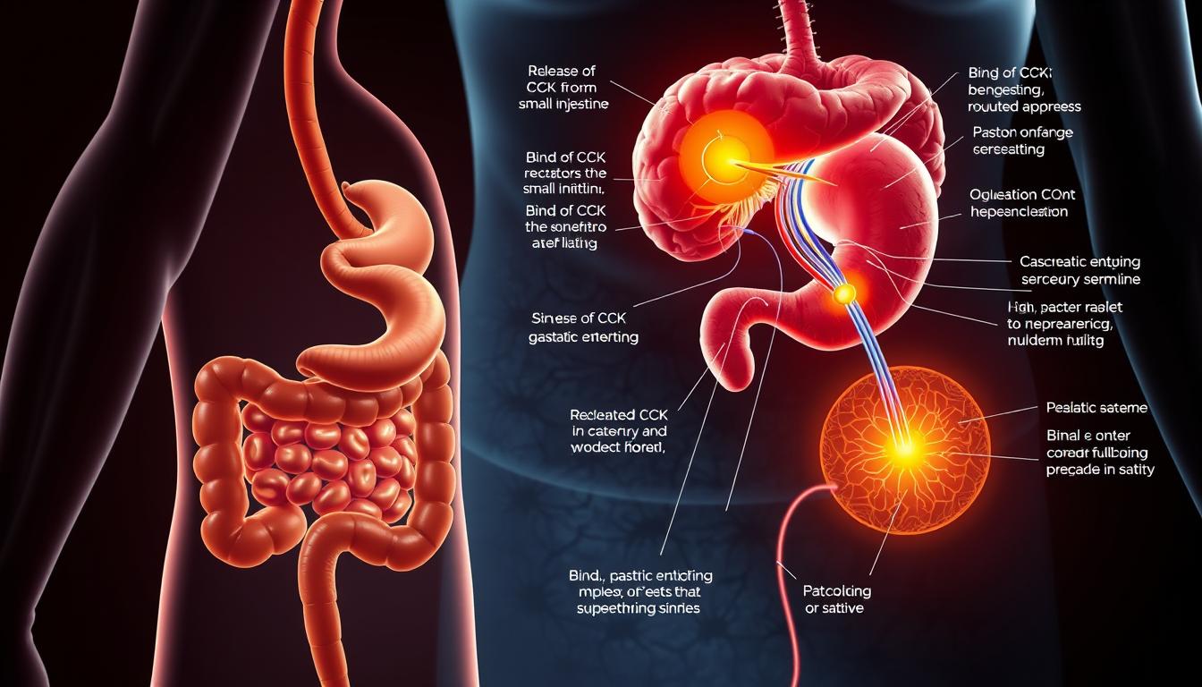 a highly detailed, photorealistic illustration of the hormonal mechanisms behind appetite regulation, focused on the impact of the CCK (cholecystokinin) hormone. In the foreground, a cross-section of the digestive system showcases the release of CCK from the small intestine, with clear labels and callouts. The middle ground depicts the binding of CCK to receptors in the brain, triggering a cascade of neurological signals that suppress appetite. The background is a vibrant, textured depiction of the various physiological processes involved, including the regulation of gastric emptying, pancreatic enzyme secretion, and feelings of fullness and satiety. The lighting is dramatic and cinematic, highlighting the complexity and importance of this hormonal system in maintaining a healthy appetite and digestion.