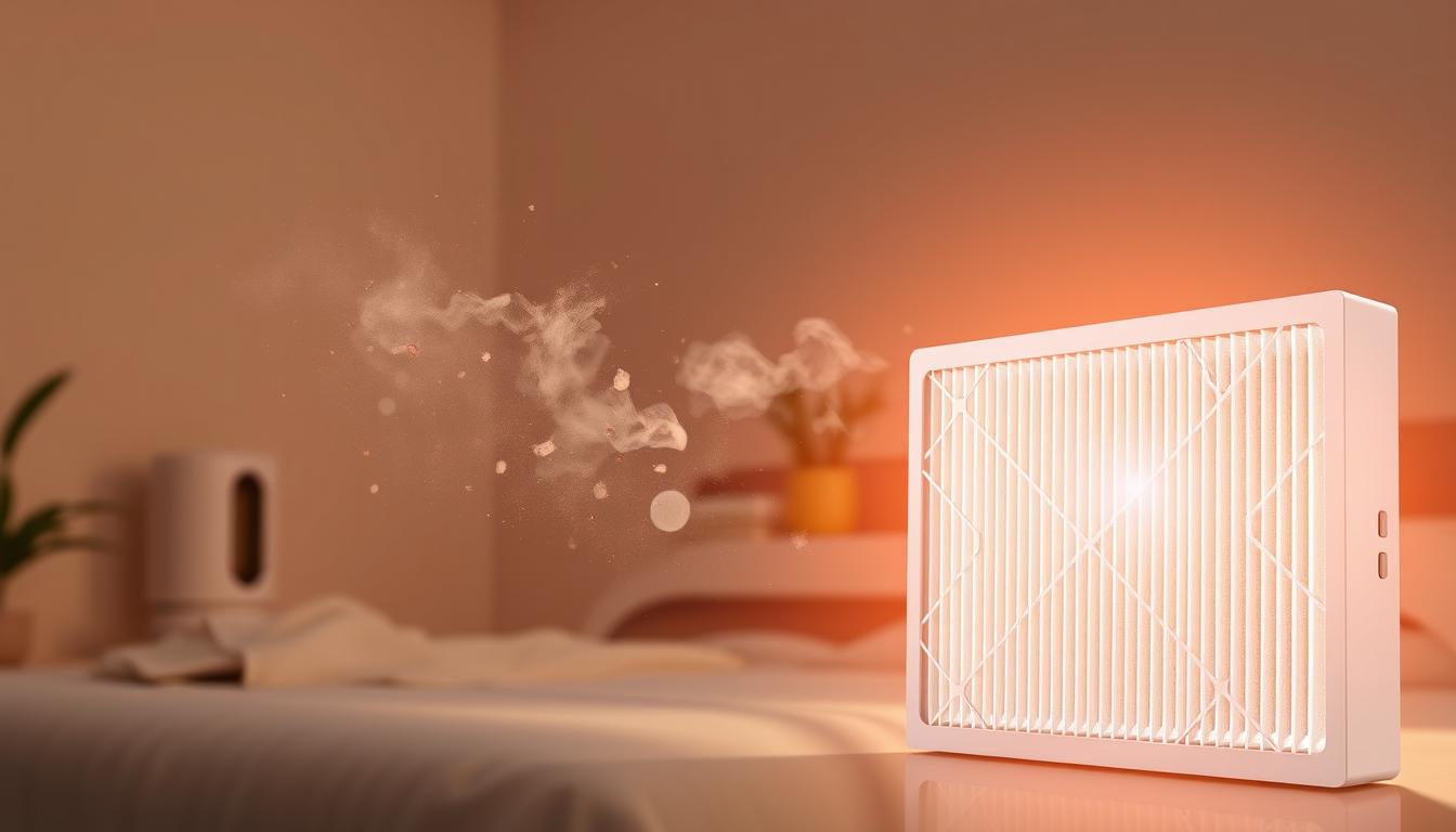 a highly detailed, photorealistic image of a HEPA air filter prominently displayed in the foreground, with a soft, warm glow of natural lighting illuminating its sleek, white casing. In the middle ground, wisps of dust and particulates are visibly being drawn into the filter, demonstrating its air purification capabilities. The background features a serene, minimalist bedroom setting, with a low-profile humidifier subtly present, conveying a sense of tranquility and improved air quality. The overall mood is vibrant, clean, and soothing, befitting the "Silent Nights" theme.