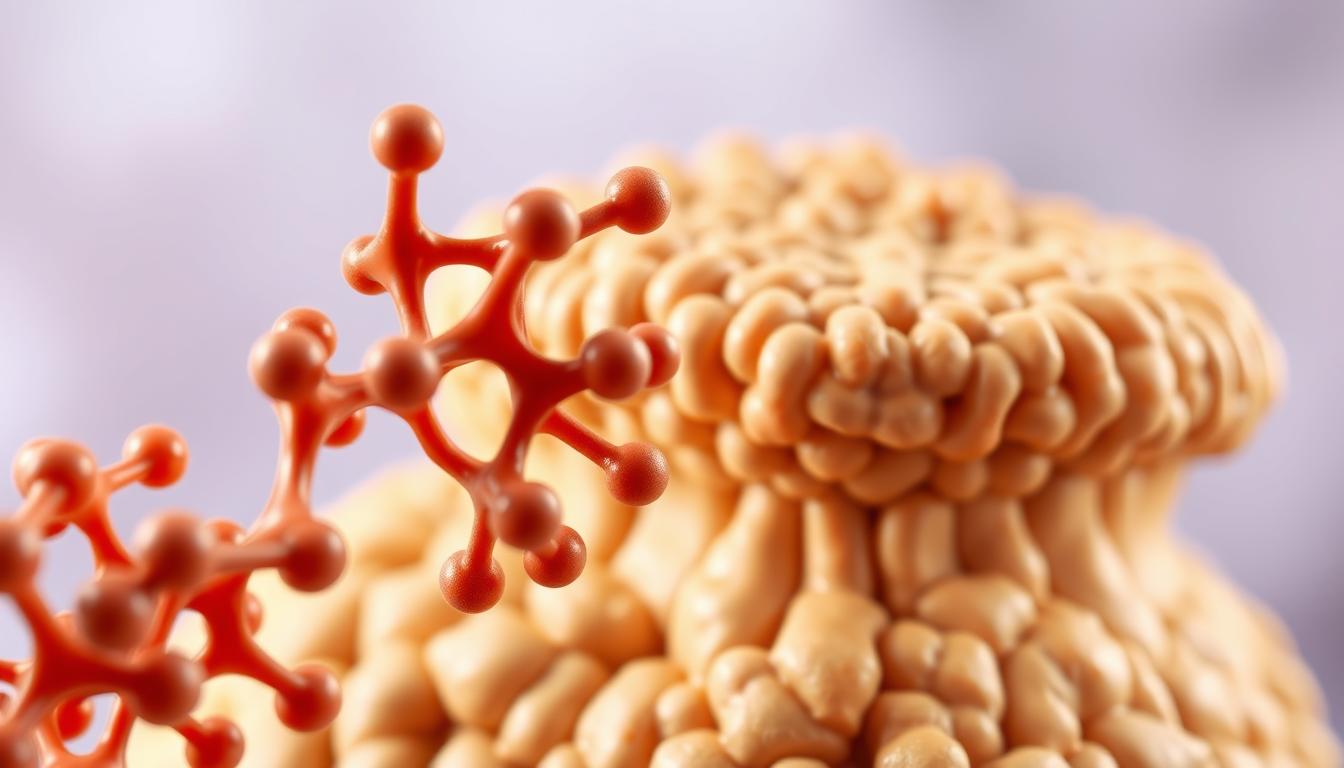 a highly detailed, realistic digital illustration of molecular mimicry between a gluten protein and the thyroid gland, viewed from a close, slightly angled perspective with vibrant, saturated colors. In the foreground, a stylized, molecular-level structure of the gluten protein is shown, with its individual amino acid residues and chemical bonds clearly visible. In the middle ground, the molecular structure seamlessly transitions into the surface of the thyroid gland, with its follicular cells and colloid-filled follicles depicted in meticulous detail. The background features a softly blurred, gradient-based backdrop that suggests a medical or scientific context, without distracting from the central subject matter.
