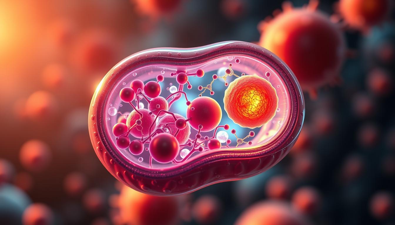a highly detailed, scientifically accurate 3D rendering of the cellular fat burning process, featuring a cutaway view of an adipocyte (fat cell) with visible mitochondria, lipid droplets, and metabolic enzymes. The scene is illuminated by a warm, vibrant light from the side, casting dramatic shadows and highlights to emphasize the complex intracellular mechanisms at work. The focus is on the foreground adipocyte, with a blurred, hazy background of other cells and organelles to provide context. The overall mood is one of scientific curiosity and discovery, inviting the viewer to explore the hidden workings of the body's fat-burning machinery.
