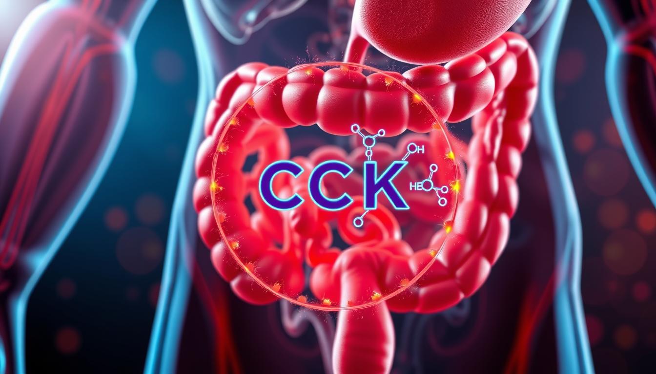a highly detailed, scientifically accurate anatomical illustration of the digestive system, with a focus on the production and release sites of the hormone cholecystokinin (CCK). The image should have a vibrant, vivid, and visually engaging style, using a combination of realistic rendering and subtle artistic interpretation. In the foreground, depict the key anatomical structures involved in CCK production and release, such as the small intestine, gallbladder, and pancreas, rendered with meticulous attention to detail. Show the intricate network of cells, ducts, and pathways that facilitate the synthesis and secretion of CCK. In the middle ground, include a stylized representation of the chemical structure of CCK, showcasing its complex peptide composition and highlighting its role as a crucial weight control hormone. Surround this with a halo of vibrant colors and subtle textures to convey the dynamic and vital nature of this physiological process. In the background, provide a sense of the broader digestive