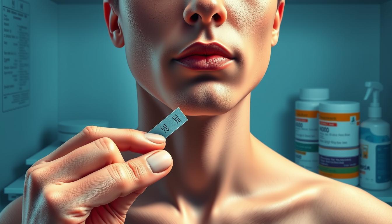 a highly detailed, vibrant, hyper-realistic illustration of a person's head and upper torso, viewed from a slightly elevated angle, showing the proper steps for safely taping the mouth shut. The scene is brightly lit with soft, directional lighting, capturing every subtle texture and contour. The subject's facial expression conveys a sense of calm and focus. In the foreground, a roll of medical-grade micropore tape is prominently displayed, with the fingers delicately applying strips across the slightly parted lips. The middle ground features a collection of sterile gauze pads, antiseptic wipes, and other first aid supplies, neatly arranged. The background is a clean, clinical environment, like a well-equipped home medicine cabinet, emphasizing the safe, controlled nature of the procedure.