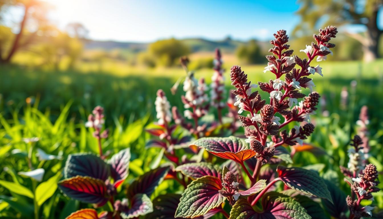 a lush, verdant meadow with sunlight filtering through the trees, showcasing a variety of natural forskolin-rich plants, such as coleus forskohlii and related species, their leaves and flowers in vibrant shades of green, purple, and white. In the foreground, a well-lit, close-up view of a forskolin plant's leaves and stems, highlighting its unique texture and shape. In the middle ground, a group of forskolin plants growing together, their rich colors and patterns creating a visually captivating scene. In the background, a soft, blurred landscape of rolling hills and a clear, blue sky, conveying a sense of natural, peaceful abundance. The overall mood is one of vitality, health, and the power of nature's botanical resources. a lush, verdant meadow with sunlight filtering through the trees, showcasing a variety of natural forskolin-rich plants, such as coleus forskohlii and related species, their leaves and flowers in vibrant shades of green, purple, and white. In the foreground, a well-lit, close-up view of a forskolin plant's leaves and stems, highlighting its unique texture and shape. In the middle ground, a group of forskolin plants growing together, their rich colors and patterns creating a visually captivating scene. In the background, a soft, blurred landscape of rolling hills and a clear, blue sky, conveying a sense of natural, peaceful abundance. The overall mood is one of vitality, health, and the power of nature's botanical resources.