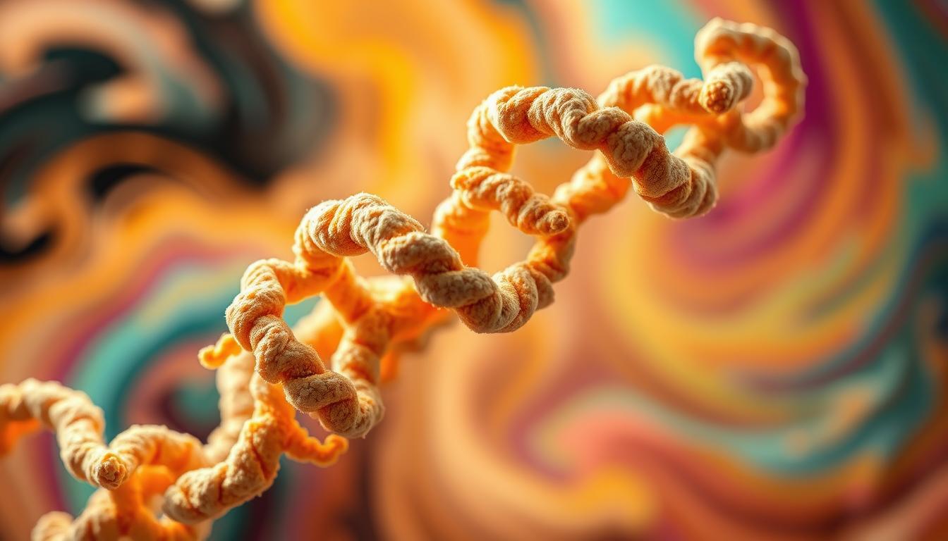 a molecular structure of gluten protein in an abstract, vibrant, and detailed rendering. the foreground depicts the intricate, twisted strands of gluten molecules, their bonds and interactions rendered in vivid colors and textures. the middle ground showcases the complex three-dimensional shape of the gluten protein, with its folds and curves highlighted by dramatic lighting. the background features a swirling, energetic backdrop of complementary hues, creating a sense of depth and movement. the overall impression is one of scientific precision combined with artistic flair, capturing the essence of gluten's role in food and nutrition.
