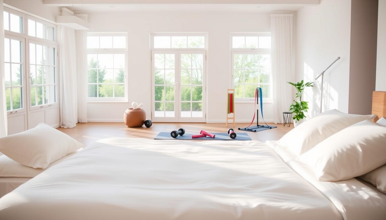 a peaceful, serene bedroom with a large, comfortable bed in the foreground, surrounded by clean white sheets and plush pillows. In the middle ground, a yoga mat and various exercise equipment, including dumbbells and a resistance band, are neatly arranged. The background showcases a bright, airy space with large windows that let in natural light, creating a vibrant and energizing atmosphere. The overall scene conveys a sense of balance and harmony between rest, relaxation, and physical activity, reflecting the "Lifestyle Adjustments: Diet, Sleep, and Exercise Tips" section of the article.