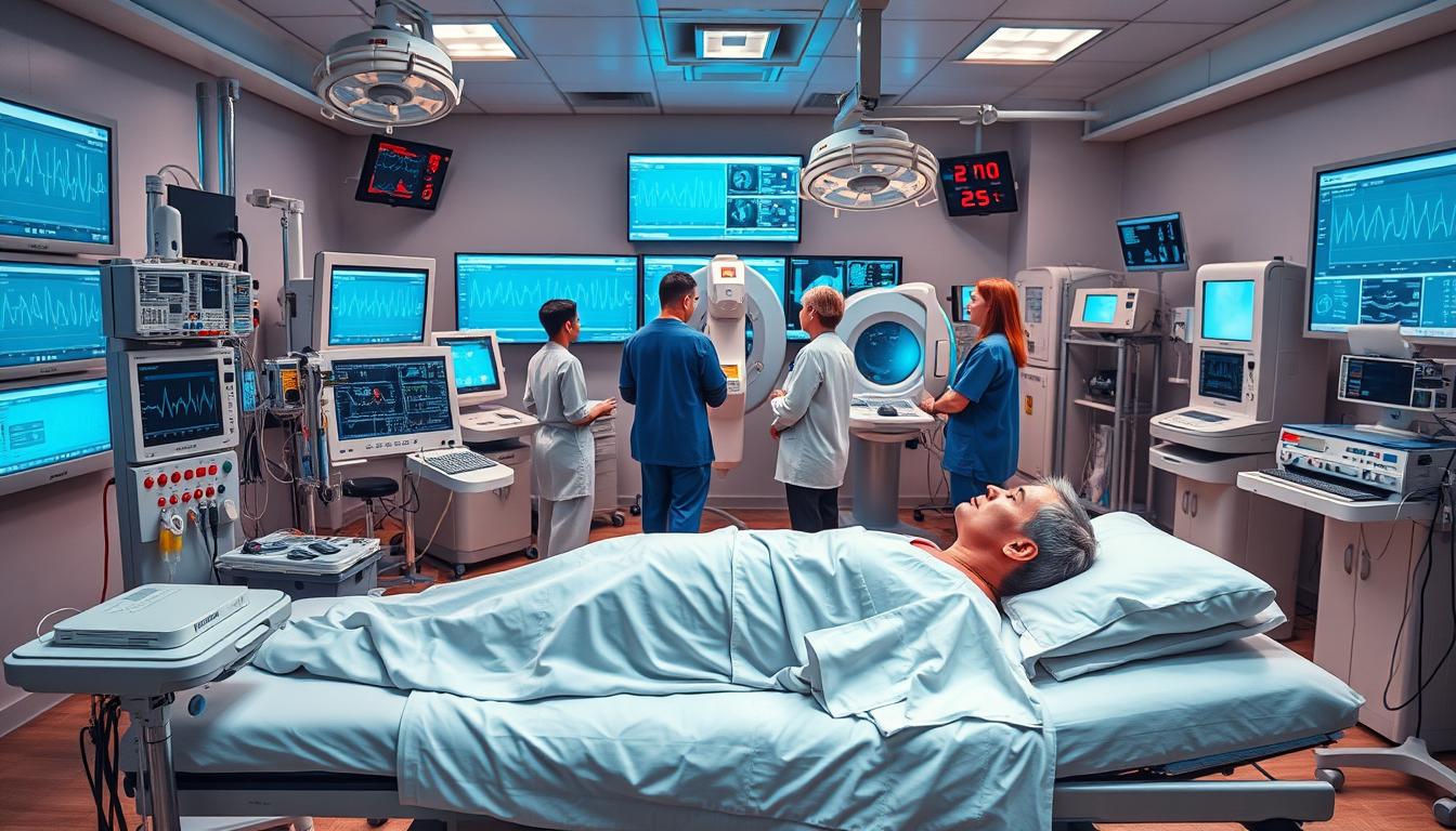 a professional medical monitoring setup in a clinical setting, with a focus on safety measures for long-term PZ therapy. In the foreground, a patient lies comfortably on an examination table, surrounded by various monitoring devices such as heart rate monitors, IV drips, and oxygen sensors. The middle ground features a team of healthcare professionals, including doctors and nurses, closely observing the patient's vital signs on a series of high-resolution displays. In the background, the room is filled with state-of-the-art medical equipment, including diagnostic imaging machines and specialized PZ therapy apparatus, all bathed in a vibrant, sterile lighting that conveys a sense of clinical precision and care. The overall atmosphere is one of meticulous attention to detail, ensuring the safety and well-being of the patient undergoing long-term PZ therapy.