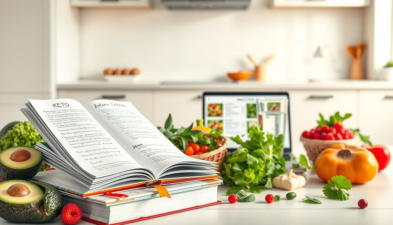 a professional, stylish, minimalist illustration of "budget keto expert tips". in the foreground, a stack of open keto-friendly cookbooks with hand-written notes and bookmarks, surrounded by fresh produce like avocados, leafy greens, and berries. in the middle ground, a laptop or tablet displaying a keto meal plan and grocery list, along with a glass of water and a keto-friendly snack. in the background, a clean, bright kitchen counter with simple, modern appliances and decor. the overall scene is vibrant, clean, and visually appealing, conveying a sense of accessible, budget-friendly keto expertise.