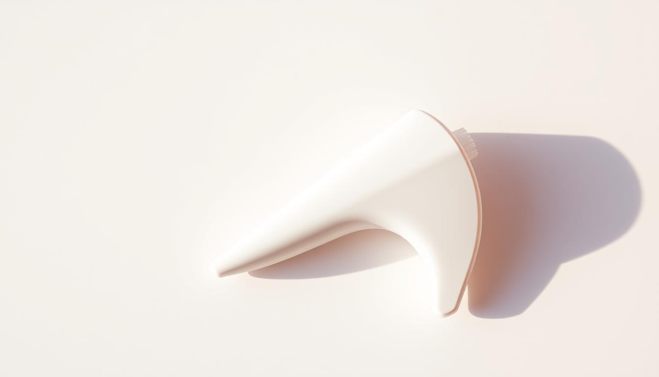 a sleek, minimalist nasal dilator device resting on a plain white background, casting soft shadows and illuminated by warm, vibrant lighting from the side, showcasing its clean, functional design and highlighting its key features for congestion relief, with a sense of simplicity and focus on the product's utility