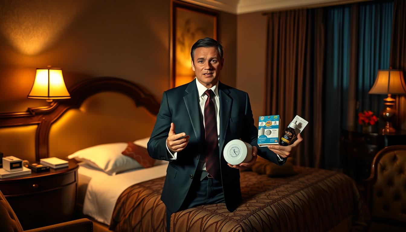 a sophisticated hotel suite at night, with a well-dressed diplomat trying to politely address their snoring roommate. the diplomat stands by the bed, holding a variety of sleep aids like earplugs, white noise machines, and soothing essential oils. the room is illuminated by warm, vibrant lighting, casting long shadows and creating a subtle, diplomatic atmosphere. the diplomat's expression is one of measured concern, as they try to find a delicate solution to the snoring problem without causing conflict. the bed and surrounding furniture are luxurious and ornate, befitting a high-end hotel. overall, the scene conveys the diplomat's efforts to tactfully resolve a delicate situation in a sophisticated, vibrant setting.