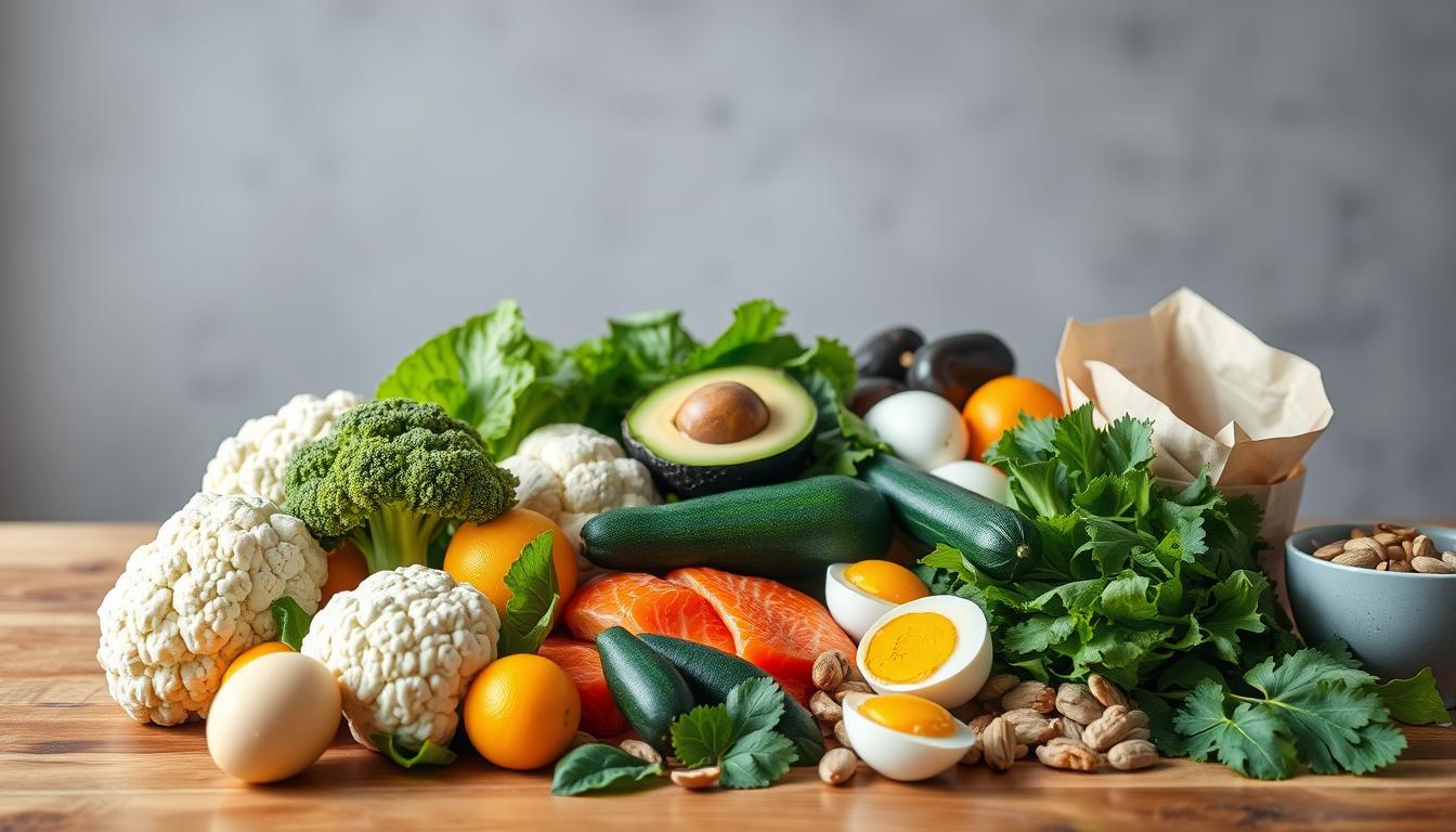 a vibrant, aesthetically pleasing still life image showcasing an arrangement of clean keto foods on a wooden table or surface. In the foreground, there are various low-carb vegetables such as broccoli, cauliflower, zucchini, and leafy greens. In the middle ground, there are high-fat, protein-rich foods like avocado, salmon, eggs, and nuts. The background features a simple, minimalist setting with natural lighting and a subtle, blurred bokeh effect. The overall mood is fresh, healthy, and inviting, reflecting the principles of the clean keto diet.