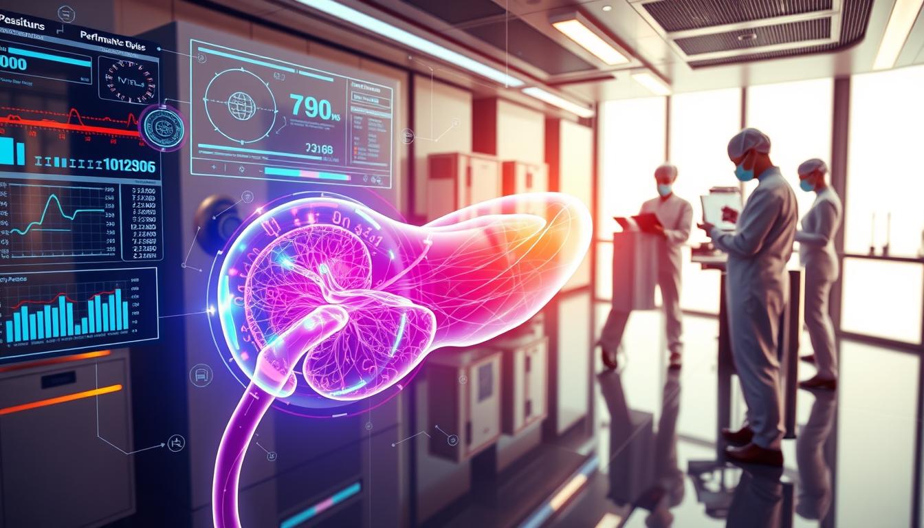 a vibrant, detailed illustration of a human pancreas undergoing optimization, with a futuristic, scientific aesthetic. In the foreground, a glowing, translucent pancreas pulsates with energy, its intricate structure visible. Surrounding it, holographic displays and diagnostic interfaces showcase real-time data and performance metrics. In the middle ground, a team of medical professionals in sterile, high-tech attire examine the pancreas, their hands manipulating advanced tools and instruments. The background depicts a sleek, minimalist laboratory setting, filled with state-of-the-art medical equipment and gleaming, chrome-accented surfaces. Bright, directional lighting casts dramatic shadows, highlighting the precision and innovation of the scene. An atmosphere of scientific advancement and the quest for optimal bodily function pervades the image.