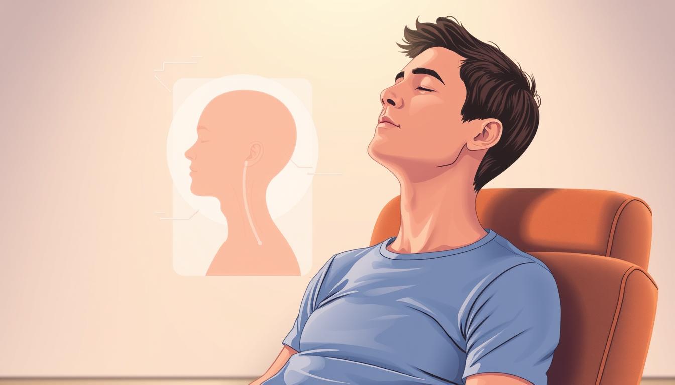 a vibrant, detailed illustration of a person performing breathing techniques to prevent snoring. the foreground depicts a person sitting upright on a comfortable chair, their eyes closed in a serene expression as they inhale and exhale deeply. the middle ground shows the person's head and upper torso, with subtle lines or arrows indicating the flow of air through their nasal passages and throat. the background is a tranquil, minimalist setting, perhaps with calming geometric patterns or a soft gradient to create a soothing atmosphere. the lighting is soft and diffused, accentuating the person's peaceful pose and the calming nature of the breathing exercise. the overall scene conveys a sense of relaxation and effective techniques to alleviate snoring.
