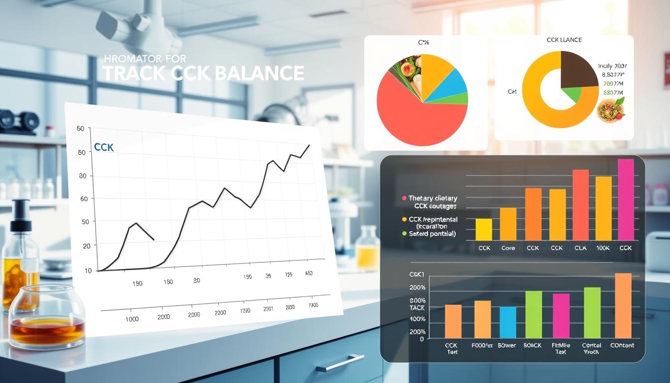 a vibrant, detailed illustration of various methods for tracking CCK (cholecystokinin) balance, including a line graph depicting CCK levels over time, a pie chart analyzing dietary CCK sources, and a bar chart comparing the CCK content of different foods. The scene is set in a clean, modern laboratory environment with scientific equipment and natural lighting. The overall mood is one of informative clarity, guiding the viewer through the data-driven process of monitoring and managing CCK balance.