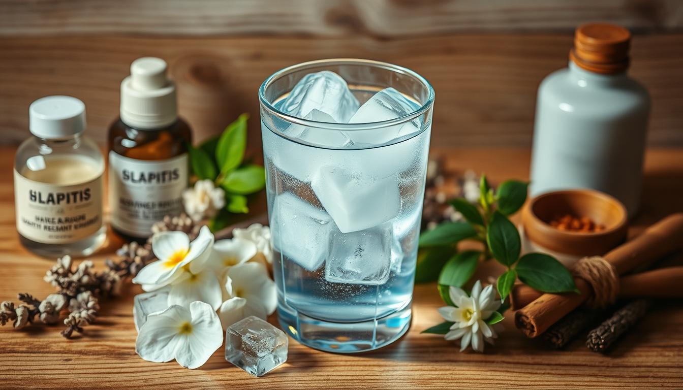 a vibrant glass of water with ice cubes, resting on a wooden surface, surrounded by various soothing herbal remedies and moisturizing products, creating a calming and rejuvenating atmosphere to alleviate snoring issues. The lighting is soft and diffused, highlighting the transparency of the water and the natural textures of the accompanying elements. The overall composition emphasizes the importance of hydration and wellness in addressing the challenges of snoring, inviting the viewer to consider simple yet effective solutions for a peaceful night's sleep.