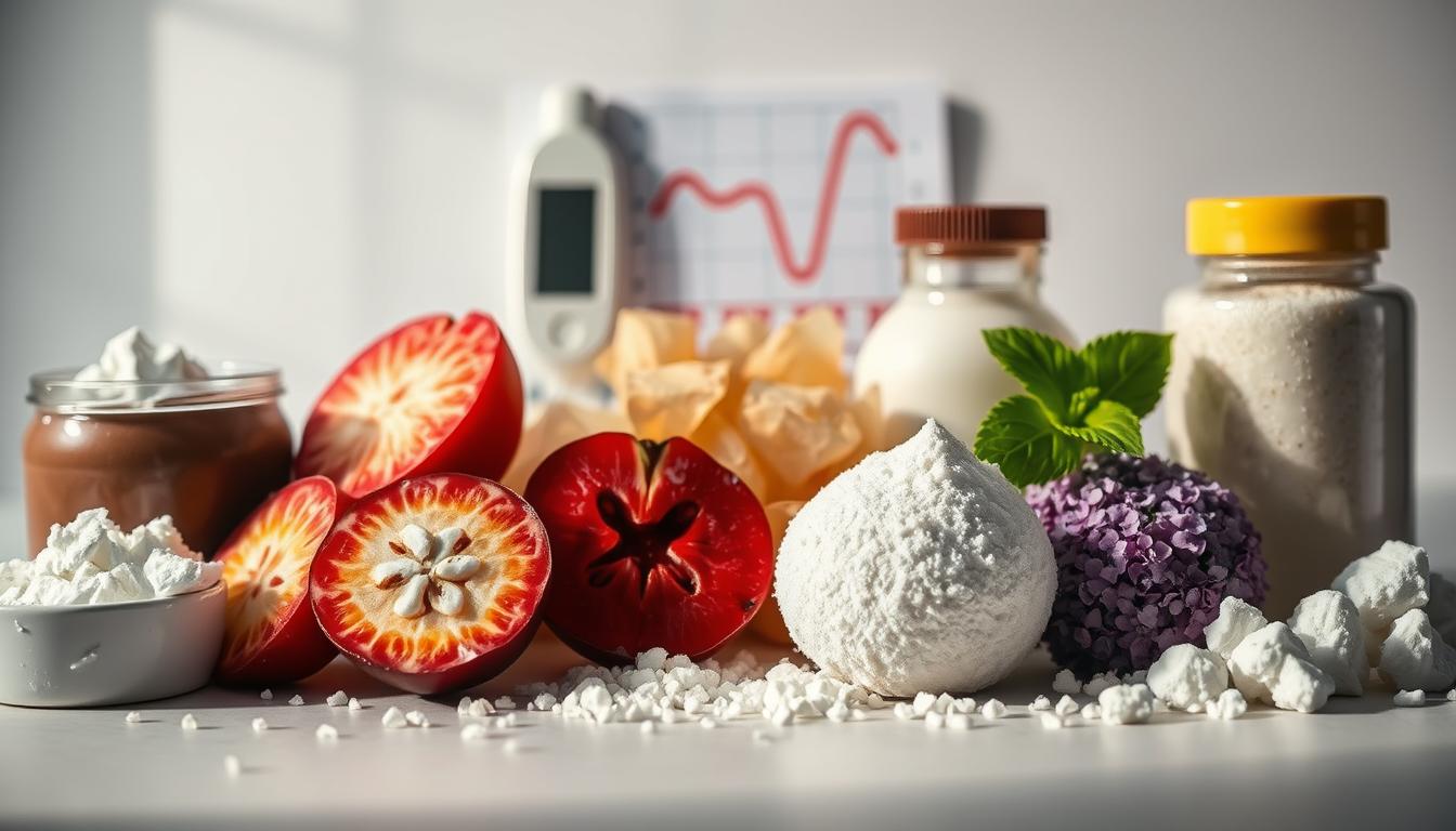 a vibrant, high-contrast, close-up photograph of various keto-friendly sweeteners arranged in a visually appealing and organized layout, with a focus on their impact on blood sugar levels. The foreground showcases an assortment of sweeteners such as erythritol, monk fruit, stevia, and xylitol, each occupying a distinct space and highlighted with natural lighting from the side. The middle ground includes a subtle, out-of-focus representation of a blood glucose meter or chart, alluding to the sweeteners' effect on blood sugar. The background is a clean, minimalist surface, allowing the vibrant colors and textures of the sweeteners to take center stage. The overall mood is informative, visually striking, and designed to effectively illustrate the introductory section on keto-friendly sweeteners.