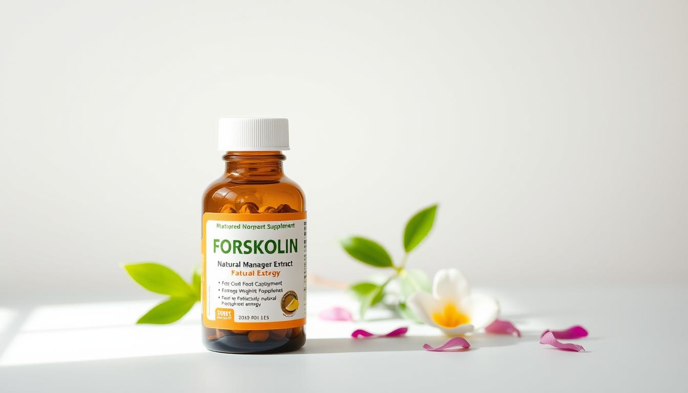 a vibrant, high-quality photograph of a natural weight management supplement, such as a bottle of forskolin extract, set against a clean, minimalist background. The supplement bottle is prominently displayed in the foreground, with a soft, natural lighting illuminating the product's label and contents. The middle ground features a sparse arrangement of complementary botanical elements, such as green leaves or flower petals, to reinforce the natural, organic theme. The background is a simple, neutral tone that allows the supplement and accompanying elements to stand out. The overall composition and lighting convey a sense of purity, efficacy, and natural wellness, reflecting the power and potential of forskolin for fat loss and energy.