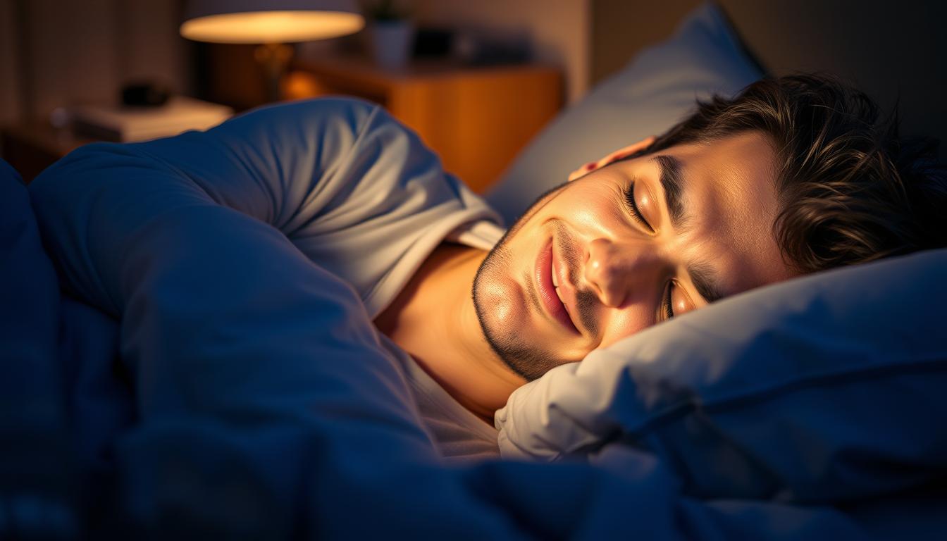 a vibrant, high-resolution image of a person sleeping soundly, their mouth closed, with a peaceful expression on their face, indicating that they have stopped snoring after consuming alcohol. The scene is set in a cozy, dimly lit bedroom with soft, warm lighting, creating a calming atmosphere. The focus is on the sleeping individual, with a blurred background of a nightstand, a glass of water, and other bedroom details. The overall mood is one of tranquility and relief, showcasing an effective solution to the problem of snoring after drinking.