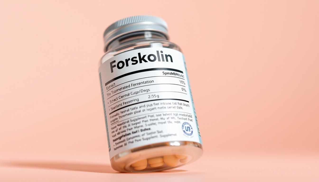 a vibrant, high-resolution image of a standardized forskolin extract label, showcasing a clean, modern design with a prominent "Forskolin" text header in a sleek, sans-serif font. The label features detailed information about the product, including the extract concentration, serving size, and nutritional facts, all presented in a clear and organized layout. The background is a soft, muted tone that complements the label's color scheme, drawing the viewer's attention to the key details. The lighting is soft and diffused, creating a warm and inviting atmosphere. The camera angle is slightly angled, providing a dynamic perspective that highlights the label's visual elements.