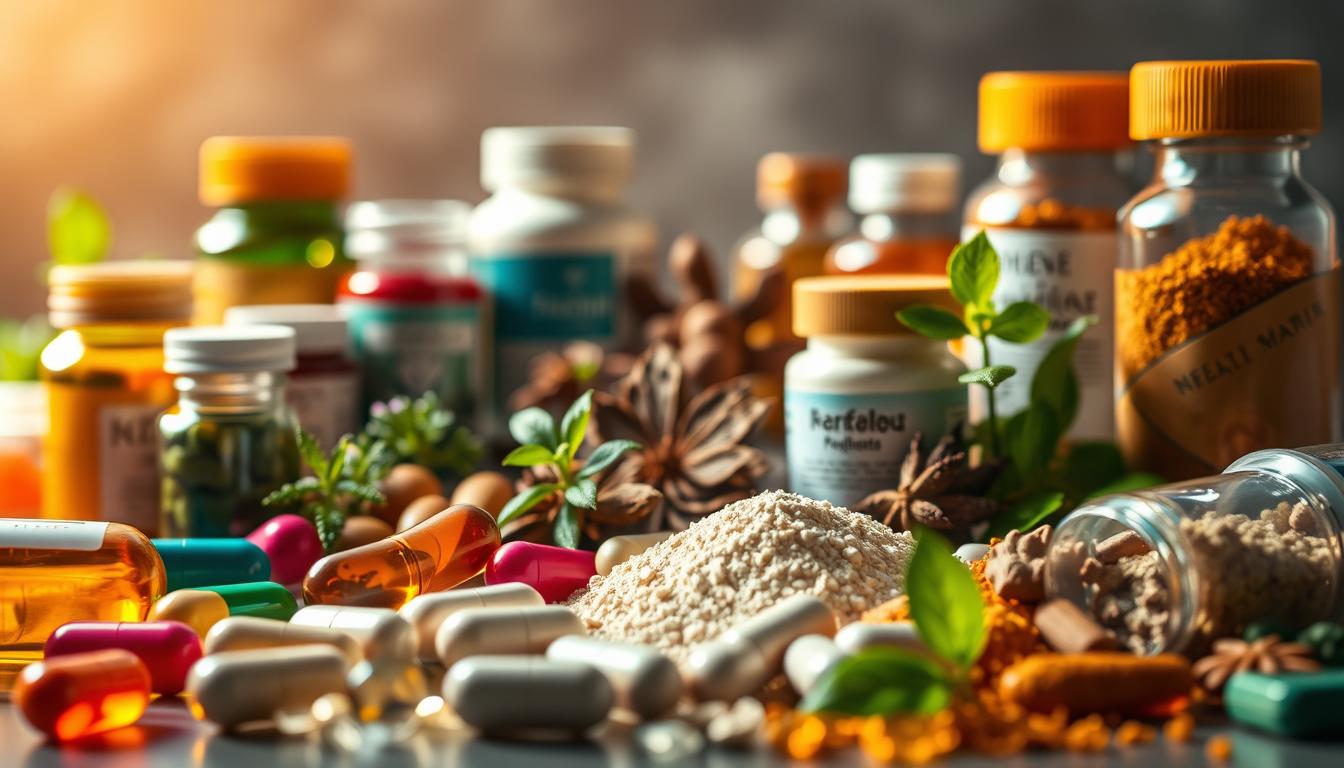 a vibrant, high-resolution macro photograph of various health supplements arranged in a still life composition, with the focus on their nutrient-rich ingredients. The foreground features a variety of capsules, tablets, and powders in a range of colors, textures, and shapes, showcasing their diversity. The middle ground includes fresh herbs, spices, and other natural elements that enhance nutrient absorption, positioned intentionally to create an aesthetically pleasing display. The background is softly blurred, allowing the supplements to take center stage. The lighting is warm and directional, casting subtle shadows that accentuate the depth and dimensionality of the scene. The overall mood is one of scientific curiosity and health-conscious wellness.
