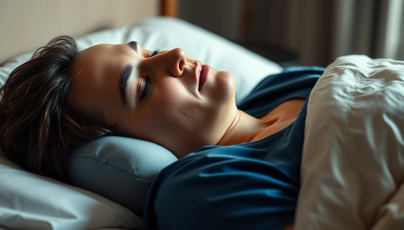 a vibrant, high-resolution, photorealistic image of a person sleeping on their side, with a specialized pillow or device designed to prevent snoring. The foreground should clearly depict the snoring solution in use, with attention to the shape, texture, and materials of the device. The middle ground should show the person's head and upper body, with a relaxed, peaceful expression on their face. The background should be a calming, bedroom-like setting, with soft lighting and muted colors to create a restful atmosphere. The overall scene should convey the effectiveness and comfort of the anti-snoring solution, highlighting its practical application in a real-world sleep environment.