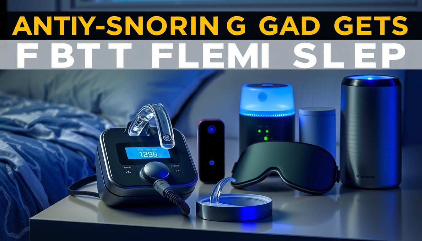 a vibrant, high-tech display of anti-snoring gadgets for better sleep. in the foreground, a sleek CPAP machine with a modern, minimalist design sits atop a nightstand, its display glowing softly. behind it, a magnetic nose clip and a jaw-supporting mouthpiece rest on the surface, their metallic finishes catching the light. in the middle ground, a digital sleep tracker and a smart sleep mask are neatly arranged, their intuitive interfaces and soothing LED lights hinting at their sleep-enhancing capabilities. in the background, a stylish humidifier and a state-of-the-art white noise machine blend seamlessly into the tranquil, dimly lit bedroom setting, creating an atmosphere of comfortable, restful sleep.
