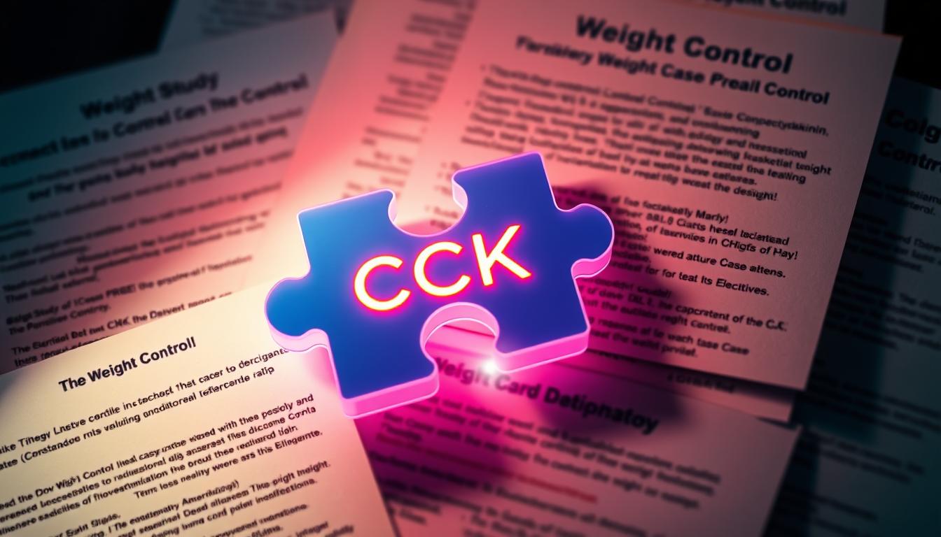 a vibrant, highly detailed, close-up illustration of the hormone cholecystokinin (CCK) represented as a missing puzzle piece, set against a blurred background of various weight control case studies. The puzzle piece should be made of a glowing, neon-like material that contrasts with the muted tones of the case study documents. Lighting should be dramatic, with a subtle spotlight illuminating the CCK puzzle piece and casting dramatic shadows. The composition should be tightly framed, drawing the viewer's attention to the centrality of CCK in unraveling the mysteries of weight control.