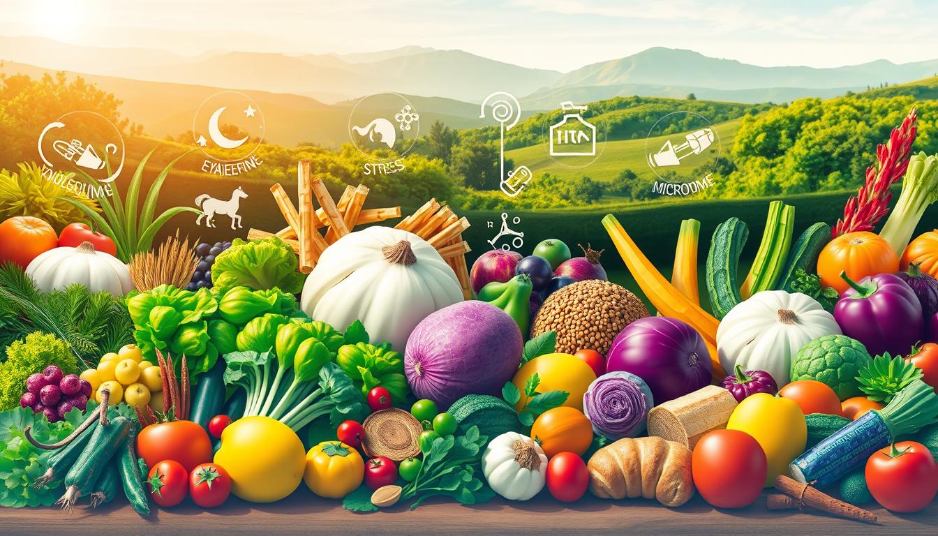 a vibrant, highly detailed digital illustration showcasing the key environmental factors and foods that regulate cholecystokinin (CCK) levels. In the foreground, a lush variety of CCK-regulating foods such as leafy greens, cruciferous vegetables, whole grains, lean proteins, and healthy fats are arranged artfully. In the middle ground, stylized icons or symbols represent environmental influences like stress, sleep, exercise, and gut microbiome. The background features a serene, nature-inspired landscape with calming colors and soft lighting to convey the mood of balance and wellness. The overall composition should be visually striking and informative, capturing the essence of the "Environmental Factors Affecting CCK" section.