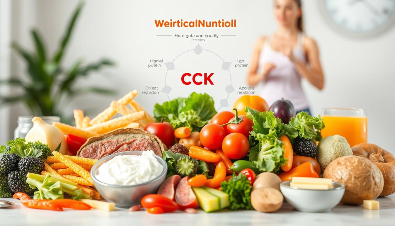 a vibrant, highly detailed illustration of various nutritional strategies to boost CCK (cholecystokinin) for weight management. In the foreground, a visually appealing arrangement of healthy, nutrient-dense foods that are known to stimulate CCK release, such as lean protein sources, high-fiber vegetables, and healthy fats. In the middle ground, a stylized diagram or infographic highlighting the key roles of CCK in appetite regulation and satiety. In the background, a softly blurred scene depicting a person engaged in light physical activity, underscoring the importance of exercise in a comprehensive weight management approach. The overall scene should convey a sense of balance, wellness, and the power of integrating targeted nutritional strategies to optimize CCK function for effective and sustainable weight control.