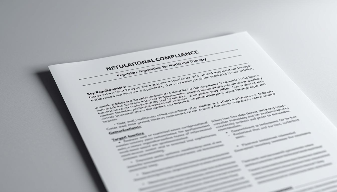 a vibrant, highly detailed, photorealistic image of a regulatory compliance document for nutritional therapy, featuring a clean and organized layout with clearly delineated sections and subsections. The document is set against a softly lit, neutral background, with a subtle gradient or texture to provide depth and visual interest. The text is crisp and legible, showcasing key regulations, guidelines, and best practices for the responsible development and marketing of targeted nutraceuticals. The overall tone is professional, authoritative, and reassuring, conveying a sense of trust and transparency in the regulatory process.