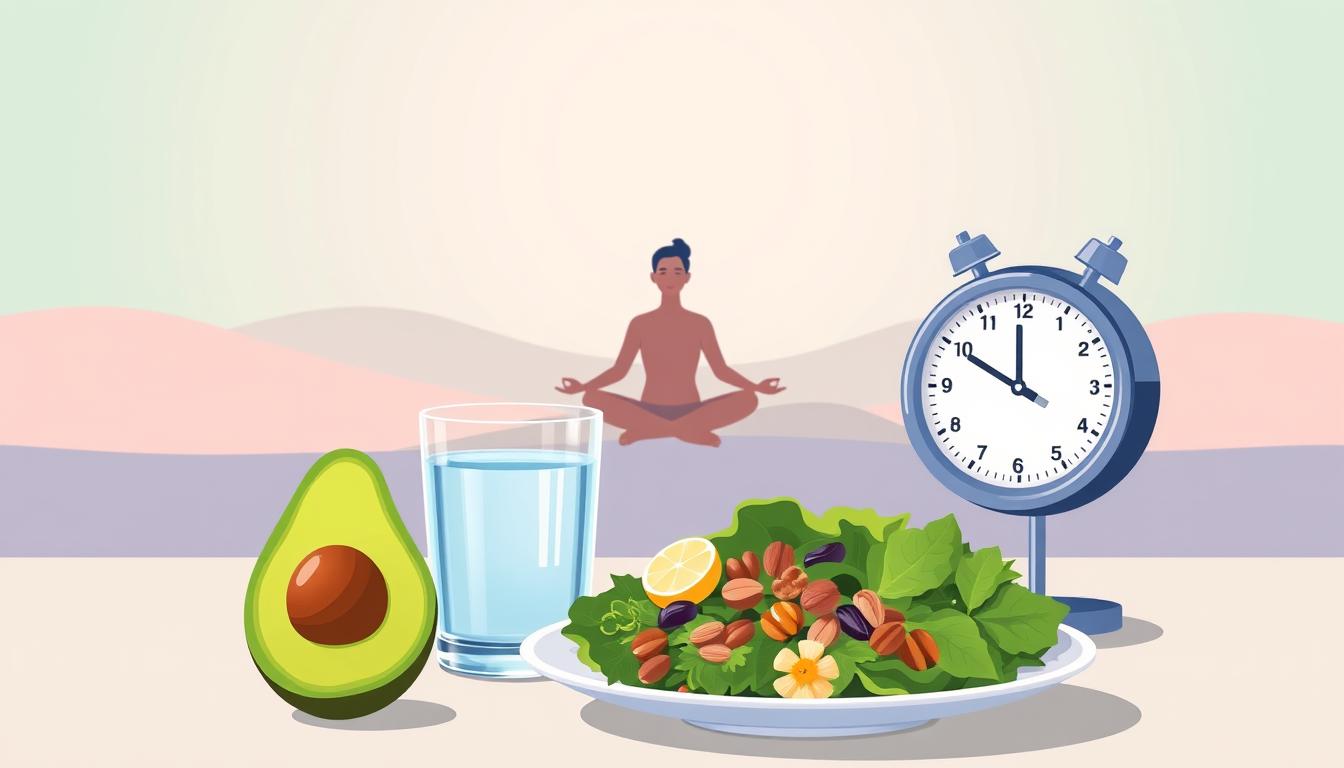 a vibrant, minimalist illustration showcasing the fusion of keto diet and intermittent fasting practices. In the foreground, a plate of keto-friendly foods such as avocado, nuts, and leafy greens is placed alongside a glass of water and a timer, symbolizing the intermittent fasting window. The middle ground features a person sitting in a meditative pose, representing the balance and discipline required for this combined lifestyle. The background is a soft, gradient-based landscape, evoking a sense of wellness and tranquility. The overall composition conveys the synergistic benefits of these two complementary health approaches.