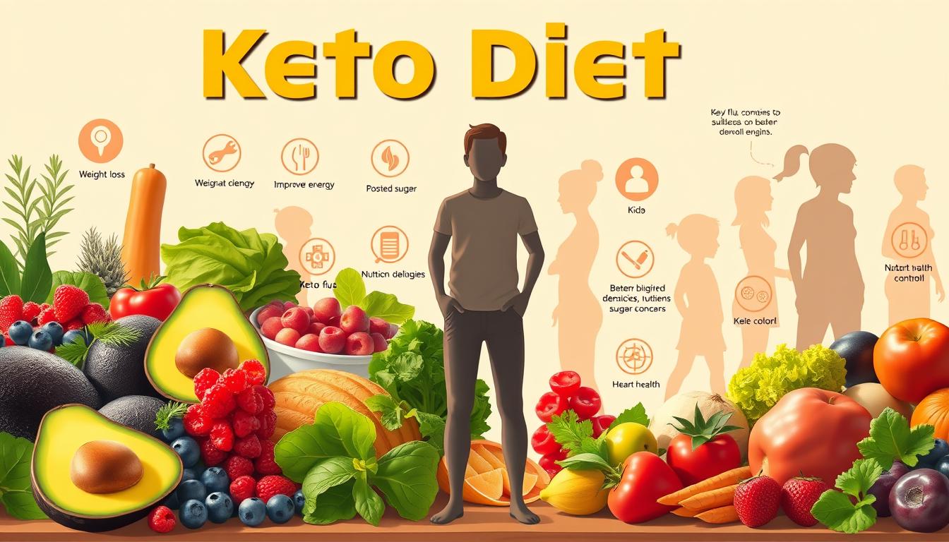 a vibrant, photorealistic illustration showcasing the key benefits and risks of the keto diet. In the foreground, a healthy, glowing person stands confidently, flanked by a bounty of nutrient-dense keto-friendly foods like avocados, berries, and leafy greens. In the middle ground, a series of bold icons and infographics highlighting the pros of the diet, such as weight loss, improved energy, and better blood sugar control. In the background, subtle silhouettes of potential drawbacks, like keto flu, nutrient deficiencies, and heart health concerns, creating a balanced and informative visual narrative. Lit by warm, natural lighting, the scene exudes a sense of vitality and wellness.