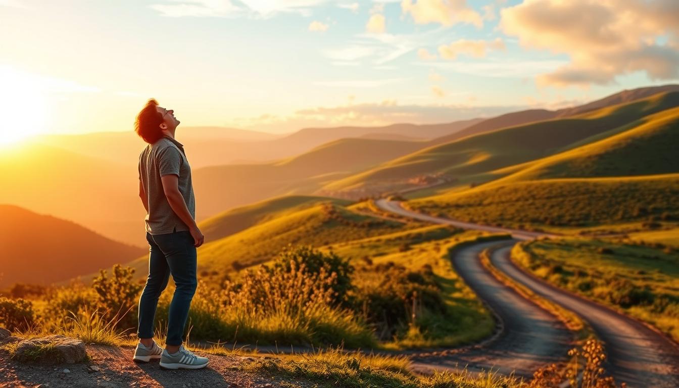a vibrant, photorealistic landscape depicting a "keto transition journey". In the foreground, a person stands on a path, looking up with a sense of hope and determination as they embark on their dietary transformation. The middle ground features lush, verdant hills and a winding road leading to the horizon. The background is illuminated by a warm, golden sunset, casting a soft, glowing light over the entire scene. The overall mood is one of optimism, growth, and a sense of personal accomplishment as the individual navigates their "keto exit journey".