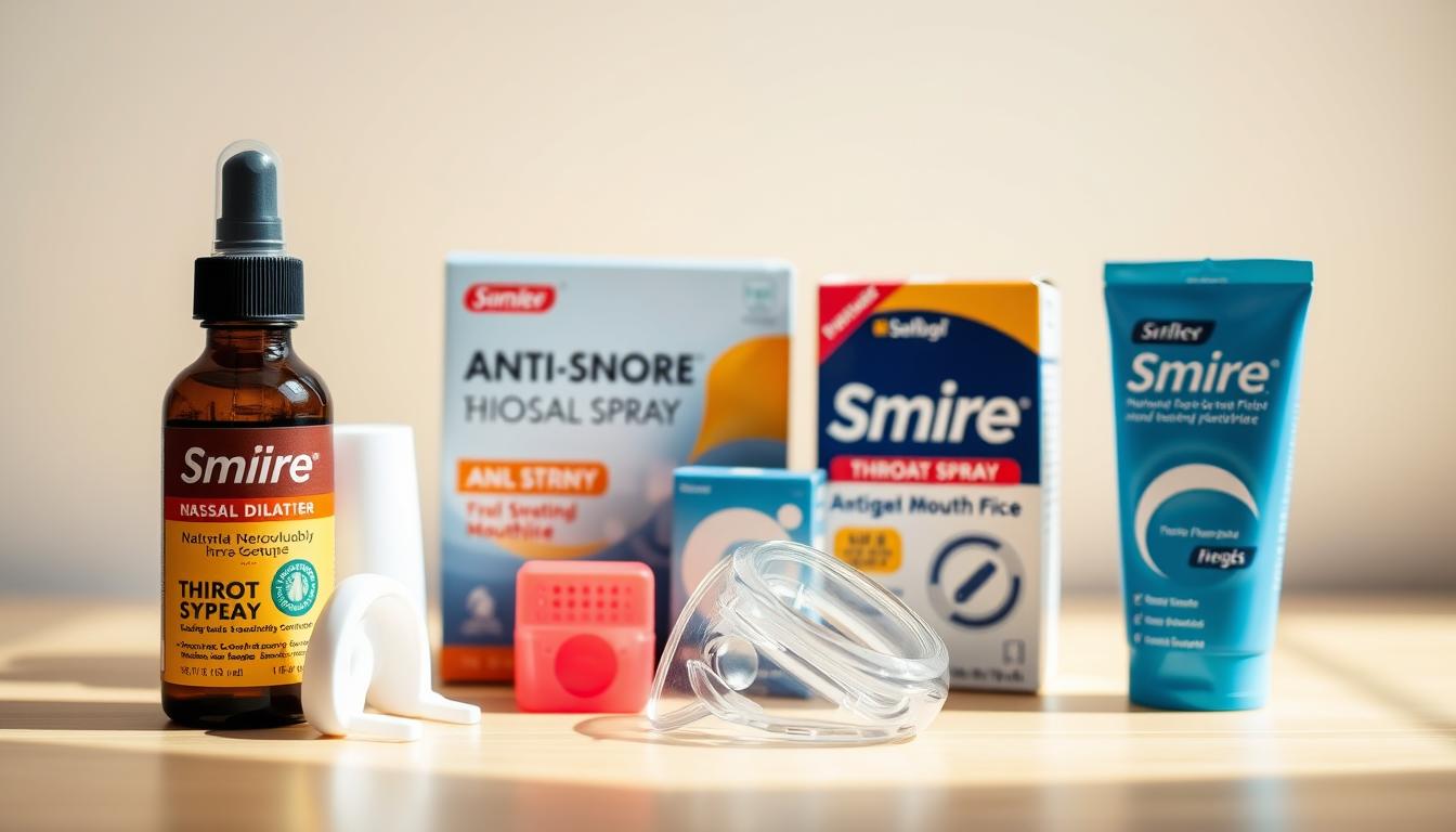 a well-lit, closeup tabletop shot of an assortment of budget-friendly anti-snore devices, including a nasal dilator, throat spray, and anti-snore mouthpiece, arranged in a vibrant, visually appealing display. The products are highlighted against a clean, minimalist background, showcasing their simple, no-frills design. The lighting is soft and diffused, creating a warm, inviting atmosphere that emphasizes the accessibility and affordability of these effective snoring solutions.