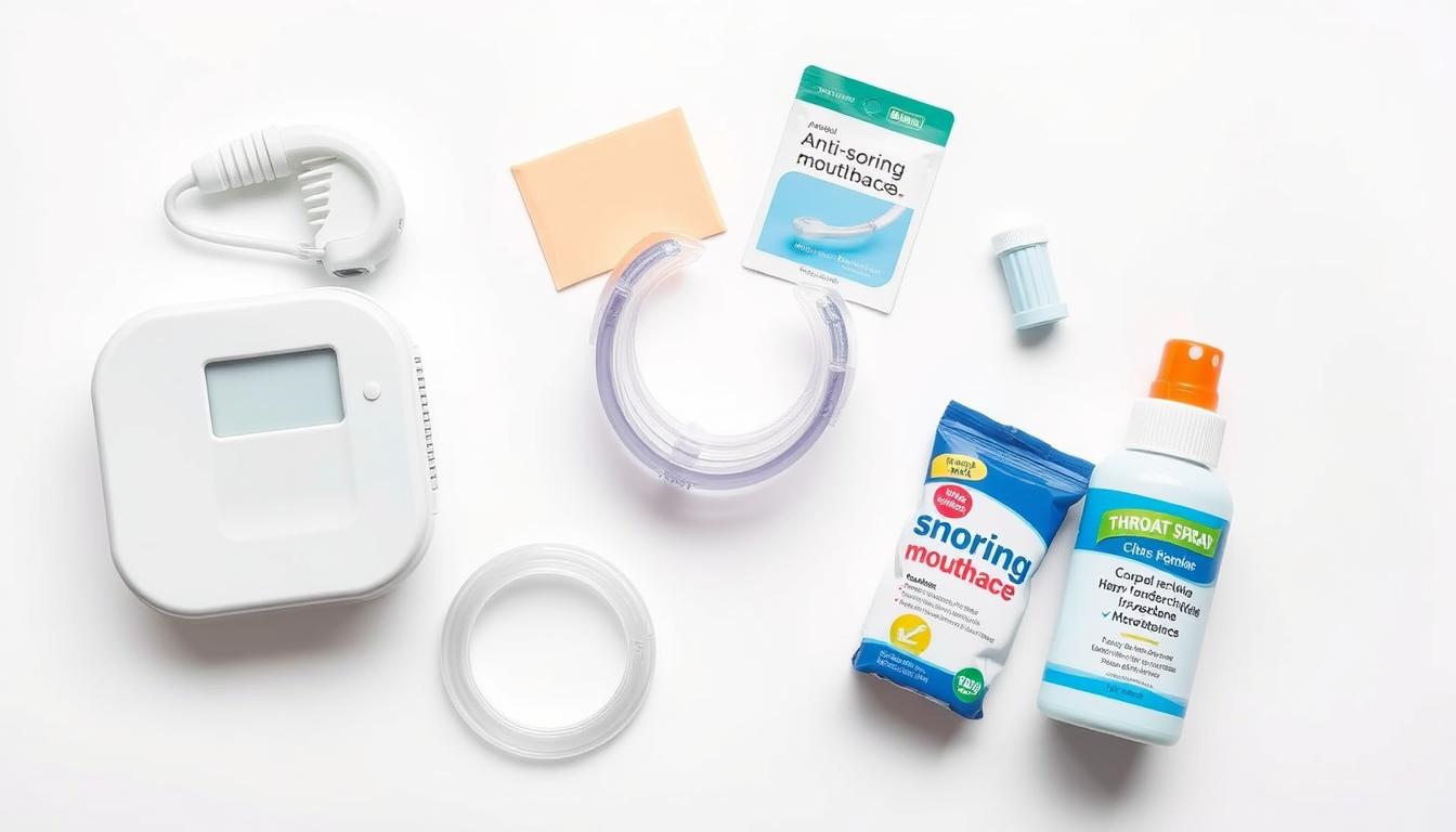 a well-lit, high-quality medical illustration showcasing a variety of snoring treatment options, including a CPAP machine, anti-snoring mouthpiece, nasal strips, and throat spray, arranged on a clean, white background with a vibrant, soothing color palette, creating an informative and visually appealing display of solutions for addressing snoring issues