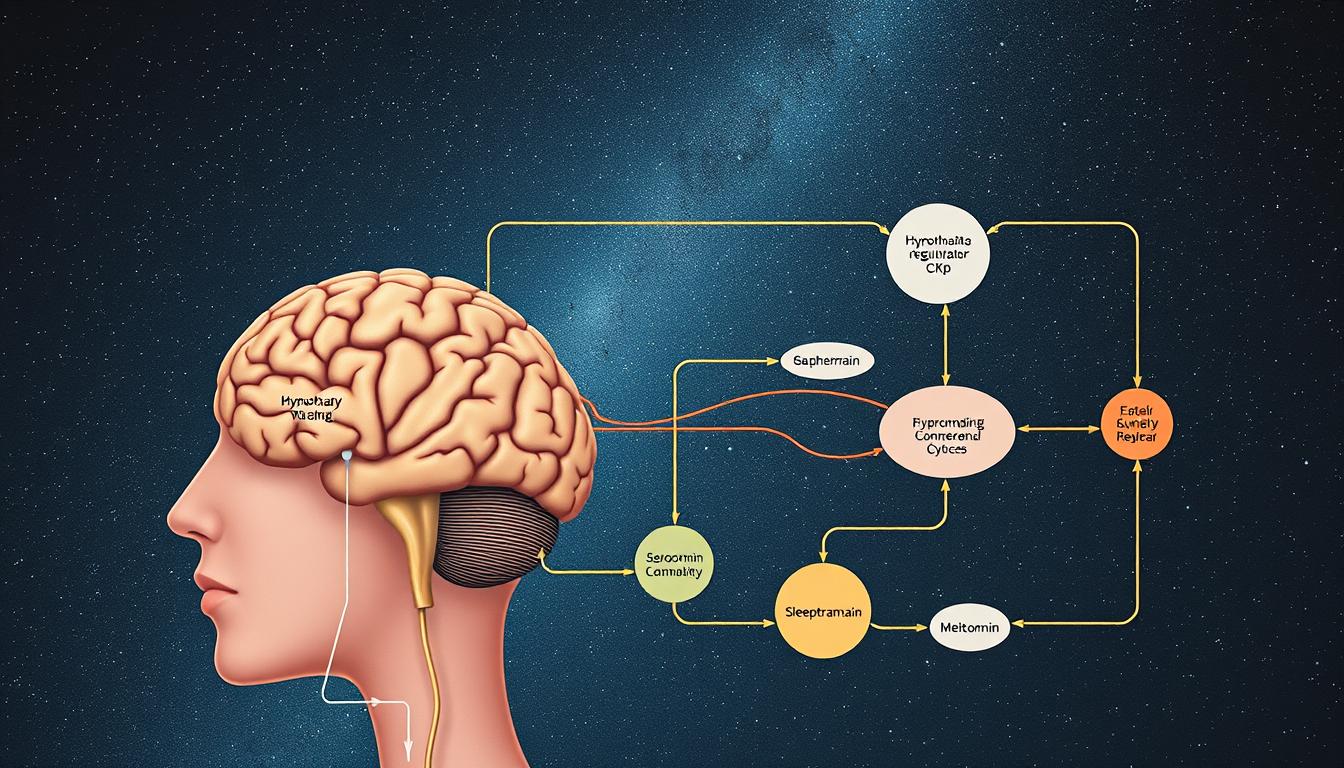 hormonal regulation of weight sleep cycles, detailed anatomical diagram showing the biological pathways connecting sleep cycles, appetite, and metabolic processes. Vibrant, lifelike medical illustration with a minimalist, technical aesthetic. Foreground depicts the hypothalamus, pituitary gland, and key neurotransmitters like CCK, serotonin, and melatonin. Midground shows interconnected feedback loops regulating hunger, satiety, and circadian rhythms. Background features a starry night sky, conveying the cosmic, rhythmic nature of these physiological systems. Rendered in a precise, scientific style with muted, earthy tones. Precise, high-resolution digital painting using a wide-angle lens to capture the full scope of the hormonal landscape.