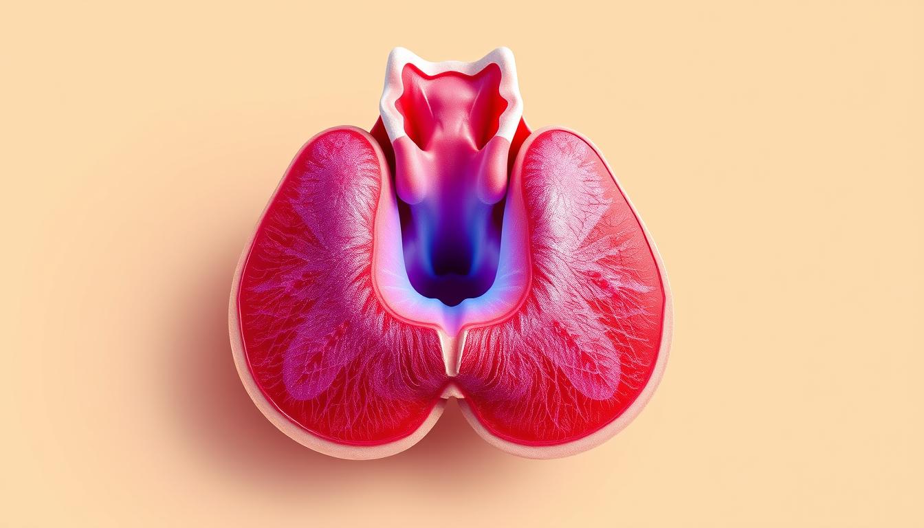 vibrant, detailed cross-section of a healthy human thyroid gland, showcasing its intricate anatomy and physiological functions. The gland is situated in the front of the neck, with a close-up view revealing its distinctive lobes, isthmus, and follicular structures. The image should be rendered in high-resolution, with a sharp focus and crisp, realistic textures, illuminated by soft, diffused lighting to highlight the gland's delicate tissue and vasculature. The background should be a clean, neutral tone, allowing the thyroid gland to be the central focus of the image, conveying a sense of scientific inquiry and educational purpose. vibrant, detailed cross-section of a healthy human thyroid gland, showcasing its intricate anatomy and physiological functions. The gland is situated in the front of the neck, with a close-up view revealing its distinctive lobes, isthmus, and follicular structures. The image should be rendered in high-resolution, with a sharp focus and crisp, realistic textures, illuminated by soft, diffused lighting to highlight the gland's delicate tissue and vasculature. The background should be a clean, neutral tone, allowing the thyroid gland to be the central focus of the image, conveying a sense of scientific inquiry and educational purpose.