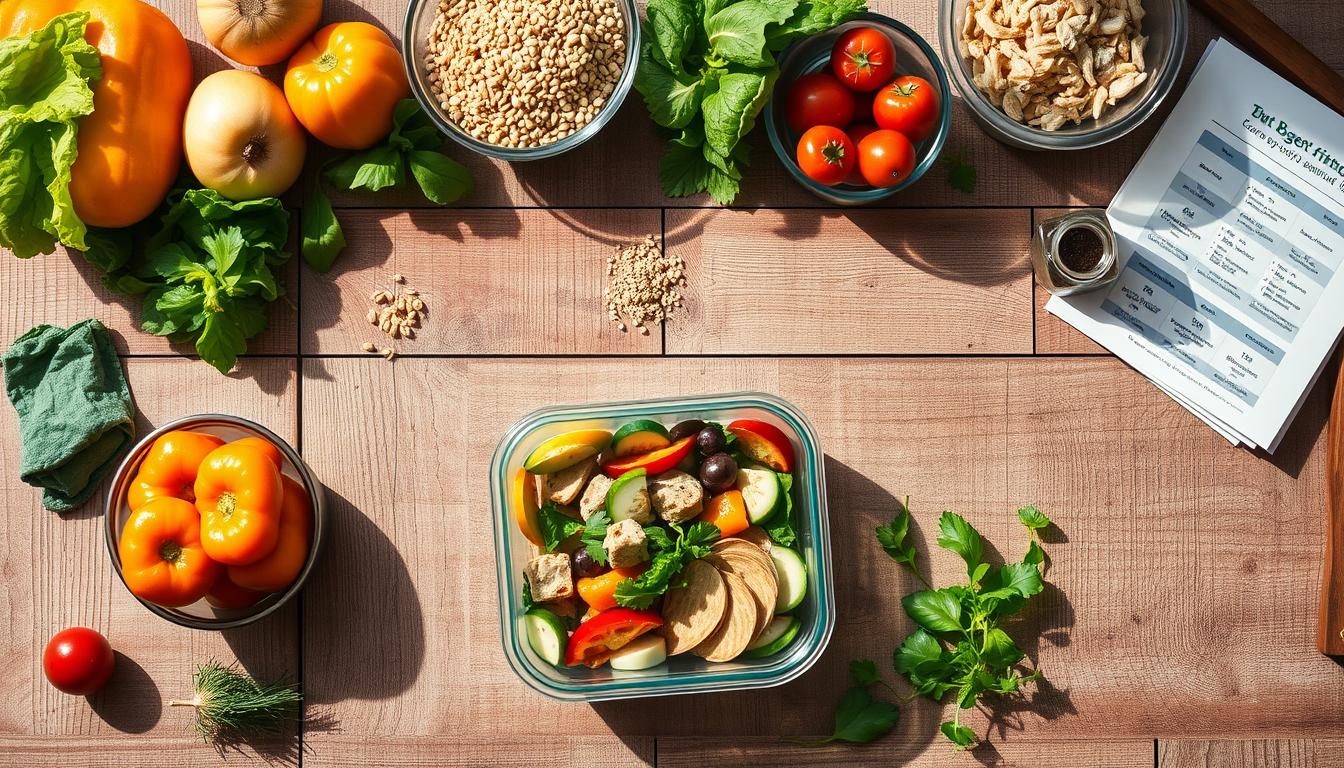 A beautifully lit, top-down shot of a clean eating meal plan laid out on a rustic wooden table. The foreground features an assortment of fresh produce, whole grains, and lean proteins neatly arranged, conveying a sense of organization and intentionality. The middle ground showcases a meal prep container filled with a vibrant, balanced meal, while the background hints at additional meal components and a budget-friendly grocery list. The lighting is soft and natural, casting gentle shadows and highlighting the vibrant colors of the ingredients. The overall atmosphere is one of mindful, cost-conscious meal planning.