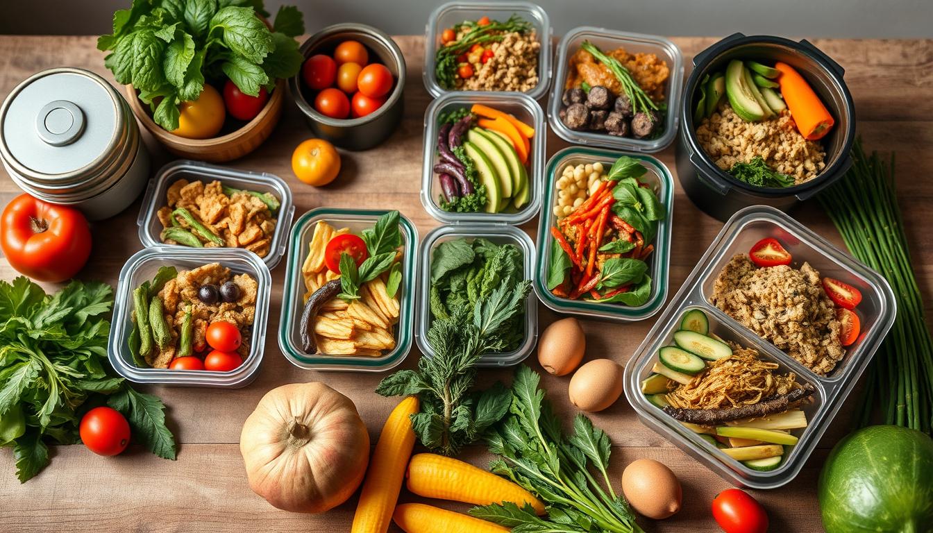 A beautifully lit, top-down view of a clean eating meal plan on a budget, showcasing a selection of healthy, affordable ingredients arranged neatly on a rustic wooden table. In the foreground, a variety of fresh produce such as leafy greens, colorful vegetables, and fruits are carefully placed, conveying a sense of wholesome, vibrant simplicity. In the middle ground, various meal prep containers filled with balanced, nutritious dishes are visible, highlighting the convenience and practicality of the meal plan. The background features a minimal, natural-toned setting, allowing the delicious-looking food to take center stage. The overall mood is one of wellness, organization, and a vibrant, budget-friendly approach to clean eating.