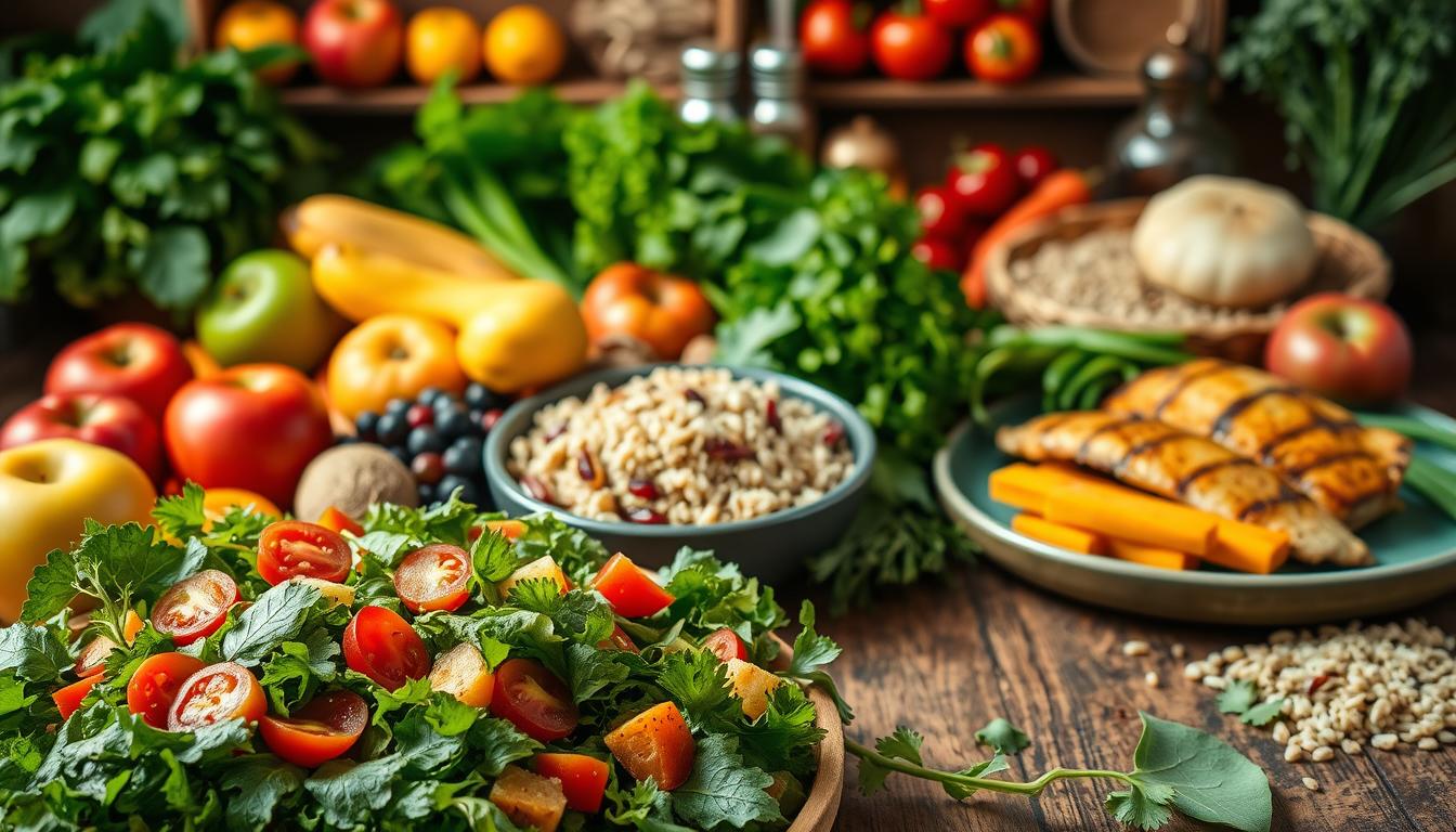 A bountiful display of fresh, vibrant produce fills the frame - glistening apples, crisp greens, juicy berries, and colorful veggies artfully arranged on a rustic wooden table. The scene is bathed in warm, natural light, accentuating the lush textures and colors. In the foreground, a vibrant salad overflows with a variety of leafy greens, sliced tomatoes, and crunchy carrots, drizzled with a light vinaigrette. In the middle ground, a selection of whole grains, such as quinoa and brown rice, are accompanied by grilled chicken and roasted sweet potatoes, showcasing a balanced, nutrient-dense meal. The background features a selection of fresh herbs, spices, and other healthy condiments, hinting at the endless possibilities for nutritious and delicious meal preparation. A bountiful display of fresh, vibrant produce fills the frame - glistening apples, crisp greens, juicy berries, and colorful veggies artfully arranged on a rustic wooden table. The scene is bathed in warm, natural light, accentuating the lush textures and colors. In the foreground, a vibrant salad overflows with a variety of leafy greens, sliced tomatoes, and crunchy carrots, drizzled with a light vinaigrette. In the middle ground, a selection of whole grains, such as quinoa and brown rice, are accompanied by grilled chicken and roasted sweet potatoes, showcasing a balanced, nutrient-dense meal. The background features a selection of fresh herbs, spices, and other healthy condiments, hinting at the endless possibilities for nutritious and delicious meal preparation.