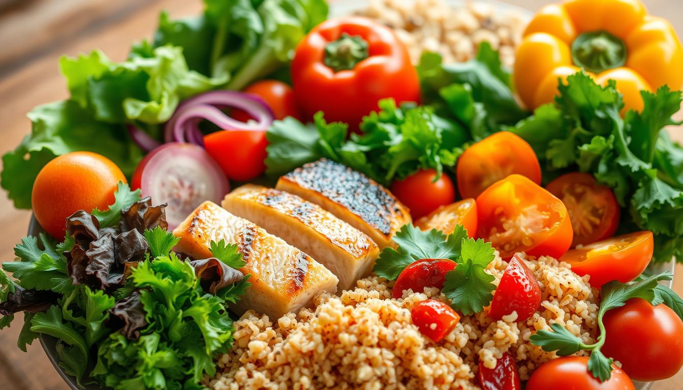 A bountiful macro-balanced plate, brimming with vibrant, wholesome ingredients. In the foreground, a variety of fresh vegetables - crisp leafy greens, juicy tomatoes, and colorful bell peppers - arranged artfully. The middle ground features lean protein, such as grilled chicken or a hearty portion of roasted salmon, glistening under the warm, natural lighting. In the background, a scattering of complex carbohydrates, like quinoa or brown rice, providing a balanced foundation. The entire scene exudes an atmosphere of nourishment and vitality, inspiring a sense of motivation to fuel your body with wholesome, satisfying foods.