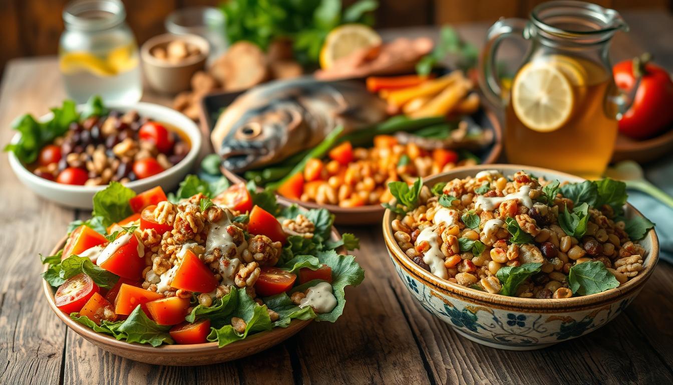 A bountiful spread of nutrient-dense foods, artfully arranged on a rustic wooden table. In the foreground, a vibrant salad overflows with leafy greens, juicy tomatoes, and crunchy nuts, drizzled with a creamy, vibrant dressing. Beside it, a hearty bowl of fiber-rich legumes, simmered in a fragrant broth and garnished with fresh herbs. In the middle ground, a platter of oily fish, its flaky flesh glistening under the warm, diffused lighting, accompanied by a colorful array of roasted vegetables, their caramelized edges adding depth of flavor. In the background, a glass pitcher of infused water, its refreshing citrus notes complementing the wholesome feast. The scene exudes a sense of nourishment and balance, inviting the viewer to savor the CCK-boosting power of this carefully curated culinary masterpiece.