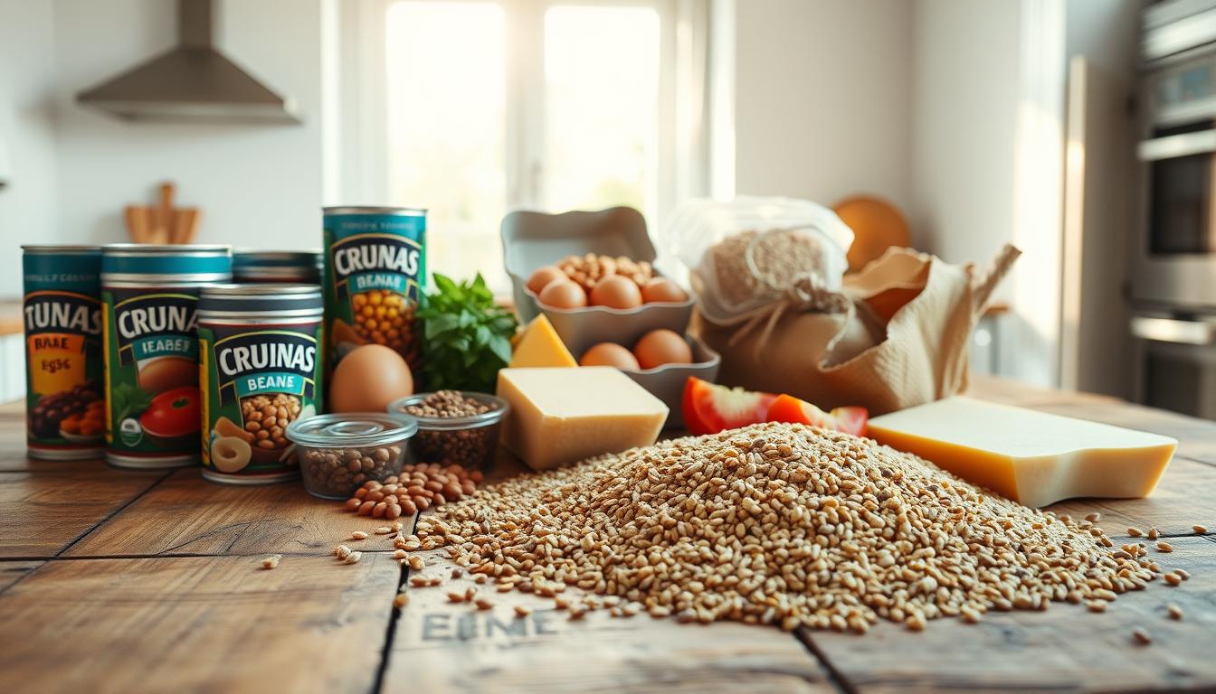 A bountiful still life capturing an array of budget-friendly, high-protein foods. In the foreground, a rustic wooden table hosts a vibrant assortment: cans of tuna and beans, a carton of eggs, a block of cheddar cheese, and a handful of lentils. In the middle ground, a mix of hearty grains like quinoa and brown rice spill across the table's surface. The background features a minimalist kitchen setting, with clean white walls and warm, natural lighting filtering through a window, casting a soft, golden glow over the scene. The overall mood is one of simplicity, affordability, and nutritional abundance.