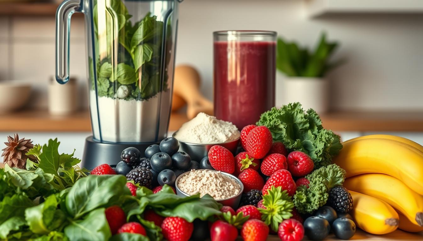 A bountiful still life of affordable, nutrient-dense ingredients for an economical meal replacement smoothie. In the foreground, a selection of fresh greens like spinach and kale, juxtaposed with vibrant berries, bananas, and a scoop of protein powder. In the middle ground, a glass blender, its blade glinting in warm, diffused lighting, ready to transform these wholesome elements into a satisfying, energy-boosting beverage. In the background, a clean, minimalist kitchen counter, hinting at the nourishing, budget-friendly nature of this smoothie. The overall mood is one of simplicity, vitality, and culinary efficiency.